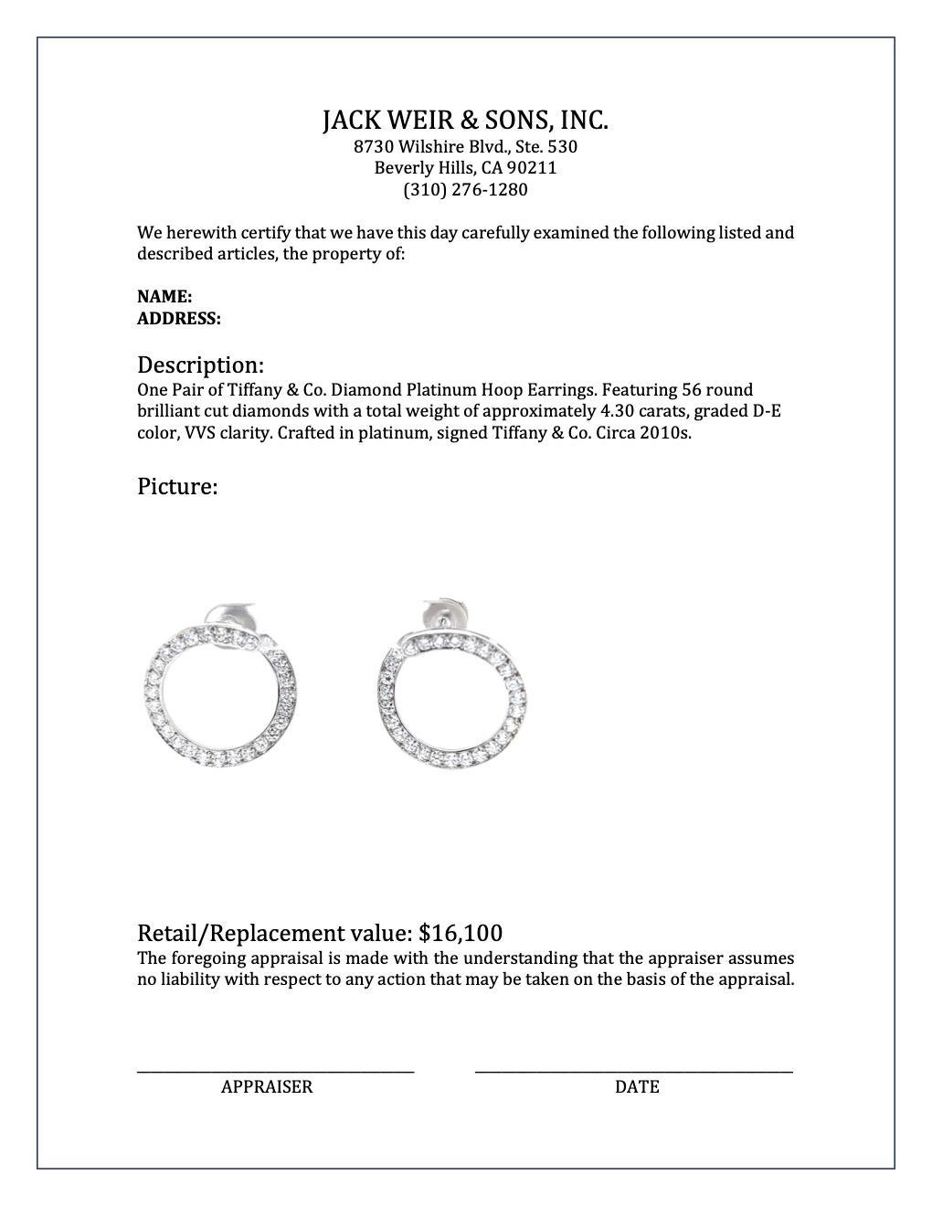 Tiffany & Co. Diamond Platinum Hoop Earrings 1