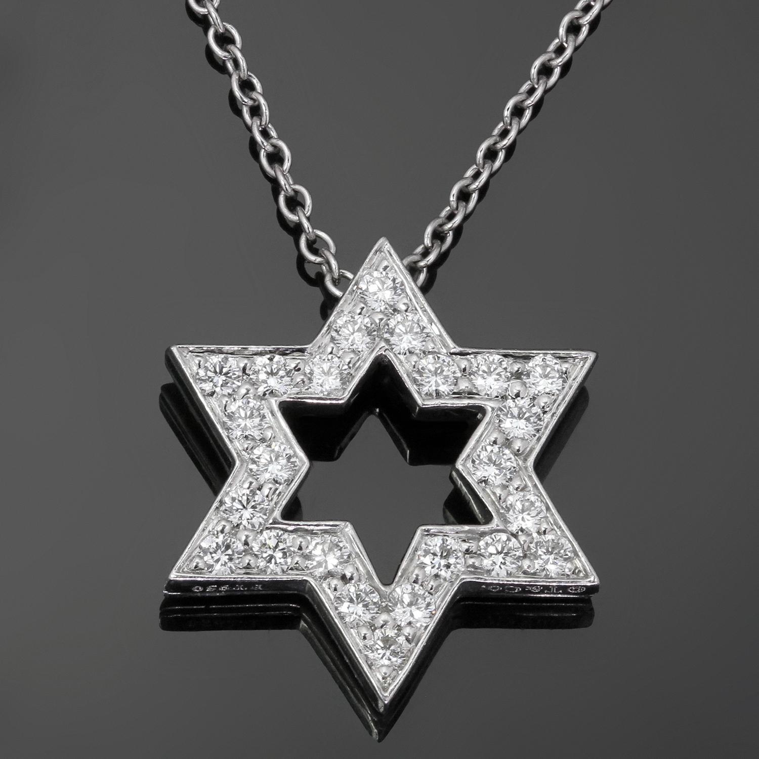 This classic Jewish-themed Tiffany & Co. necklace features a Star of David pendant crafted in 950 platinum and pave-set with brilliant-cut round E-F VVS1-VVS2 diamonds of an estimated 0.24 carats. Made in United States circa 2010s. Measurements: