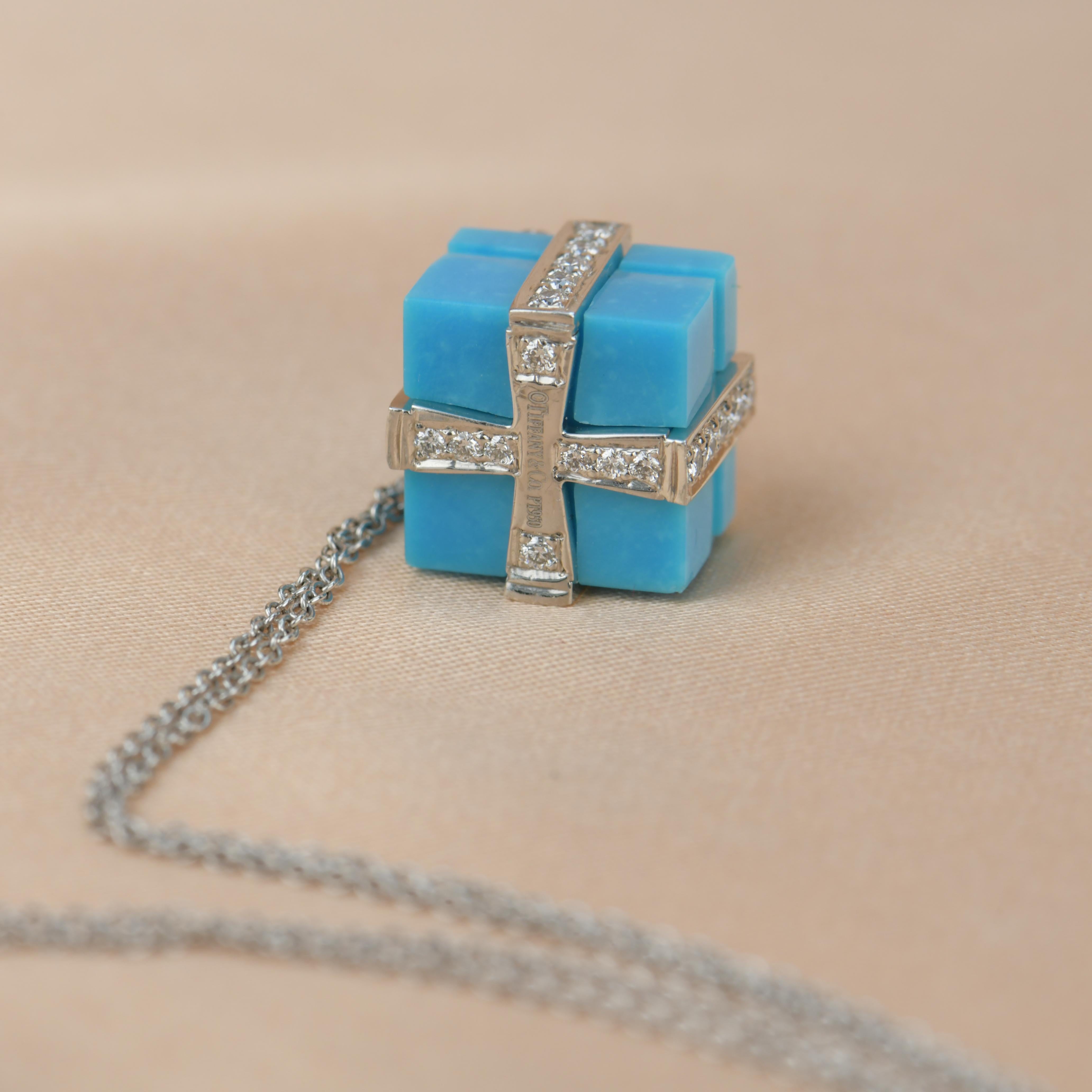 Women's or Men's Tiffany & Co. Diamond Platinum Tiffany Blue Turqoise Box Necklace