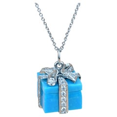 Used Tiffany & Co. Diamond Platinum Tiffany Blue Turqoise Box Necklace