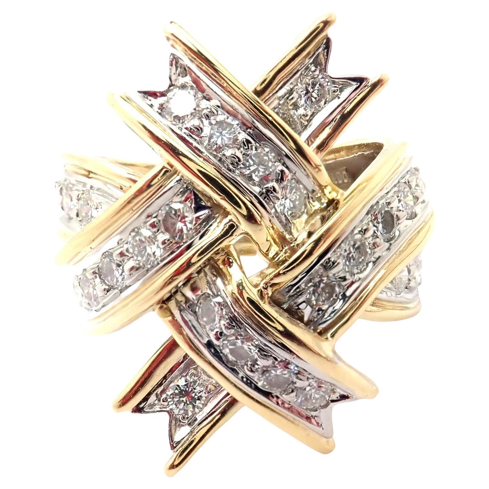 Tiffany & Co Diamond Platinum Yellow Gold Bow Ribbon Ring For Sale