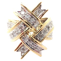 Vintage Tiffany & Co Diamond Platinum Yellow Gold Bow Ribbon Ring