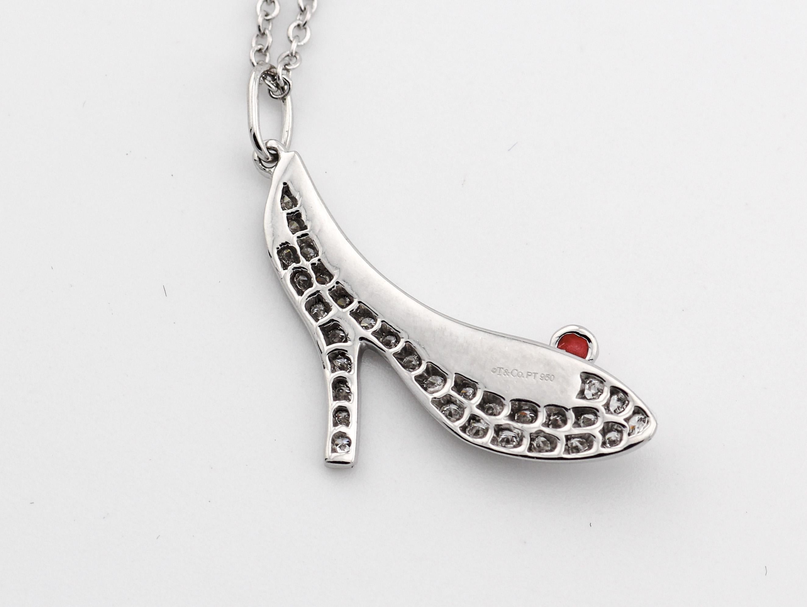 Brilliant Cut Tiffany & Co. Diamond Red Enamel Platinum 18K Heel Shoe Charm Pendant Necklace For Sale