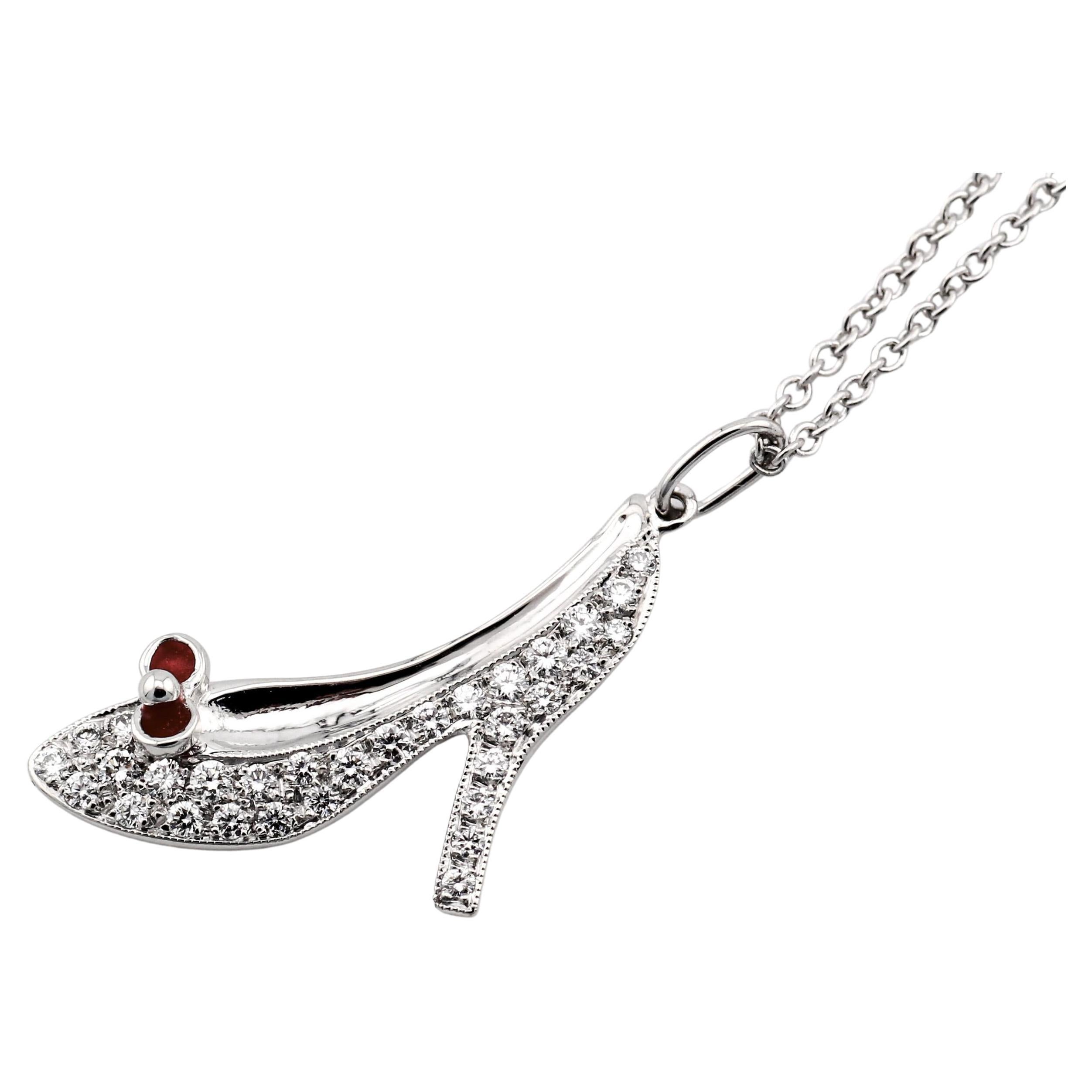 Tiffany & Co. Diamond Red Enamel Platinum 18K Heel Shoe Charm Pendant Necklace For Sale