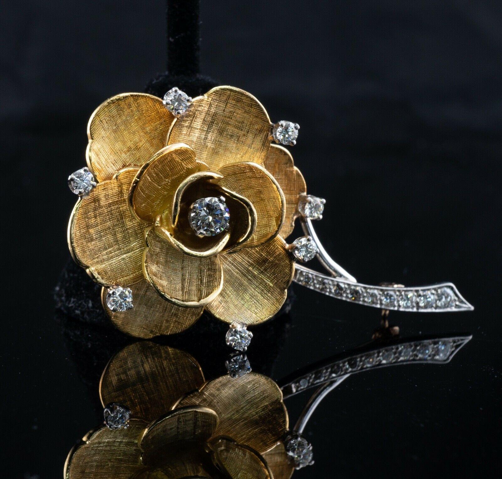 Women's Tiffany & Co Diamond Rose Flower Brooch Pin Vintage 18K Gold For Sale