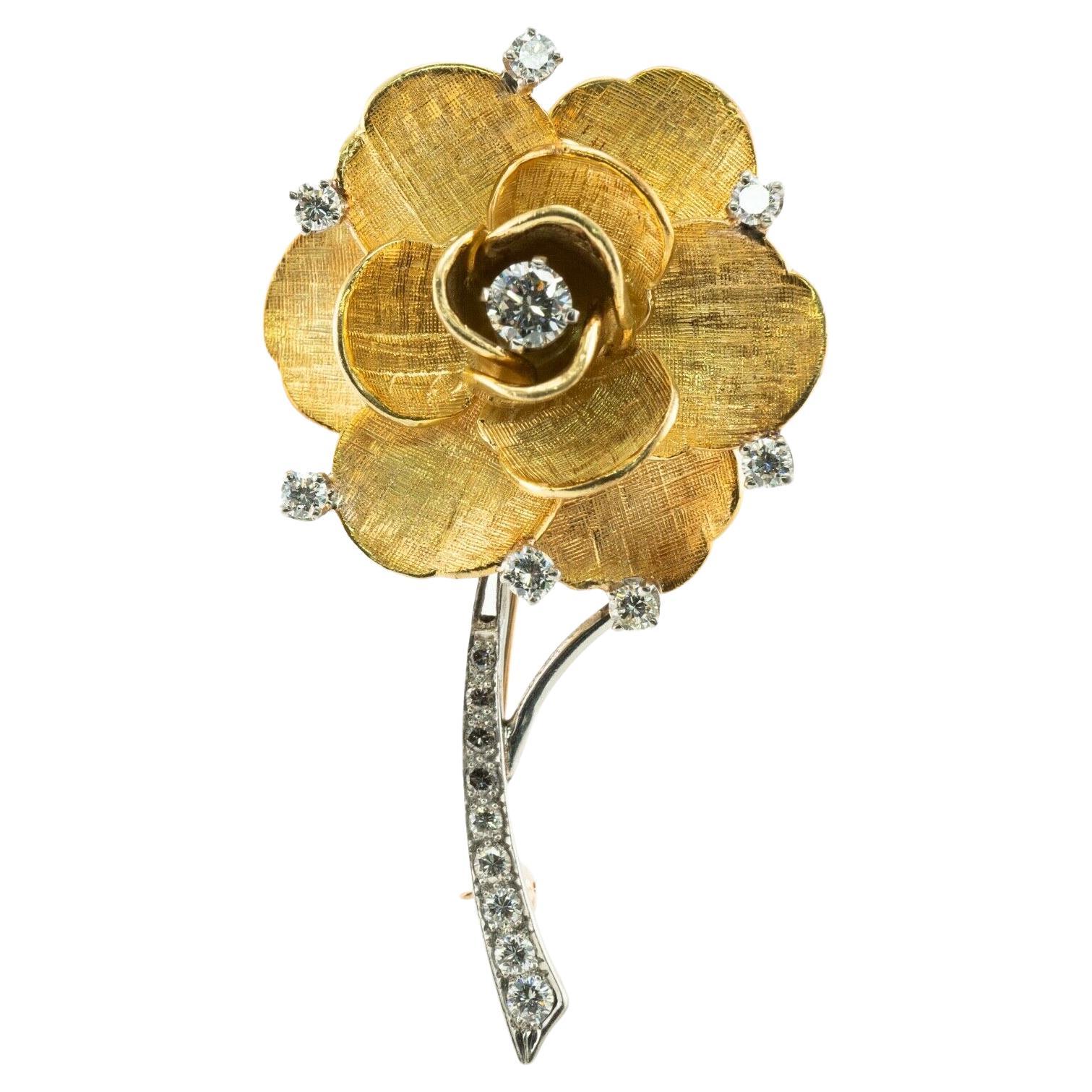 Tiffany & Co Diamond Rose Flower Brooch Pin Vintage 18K Gold For Sale