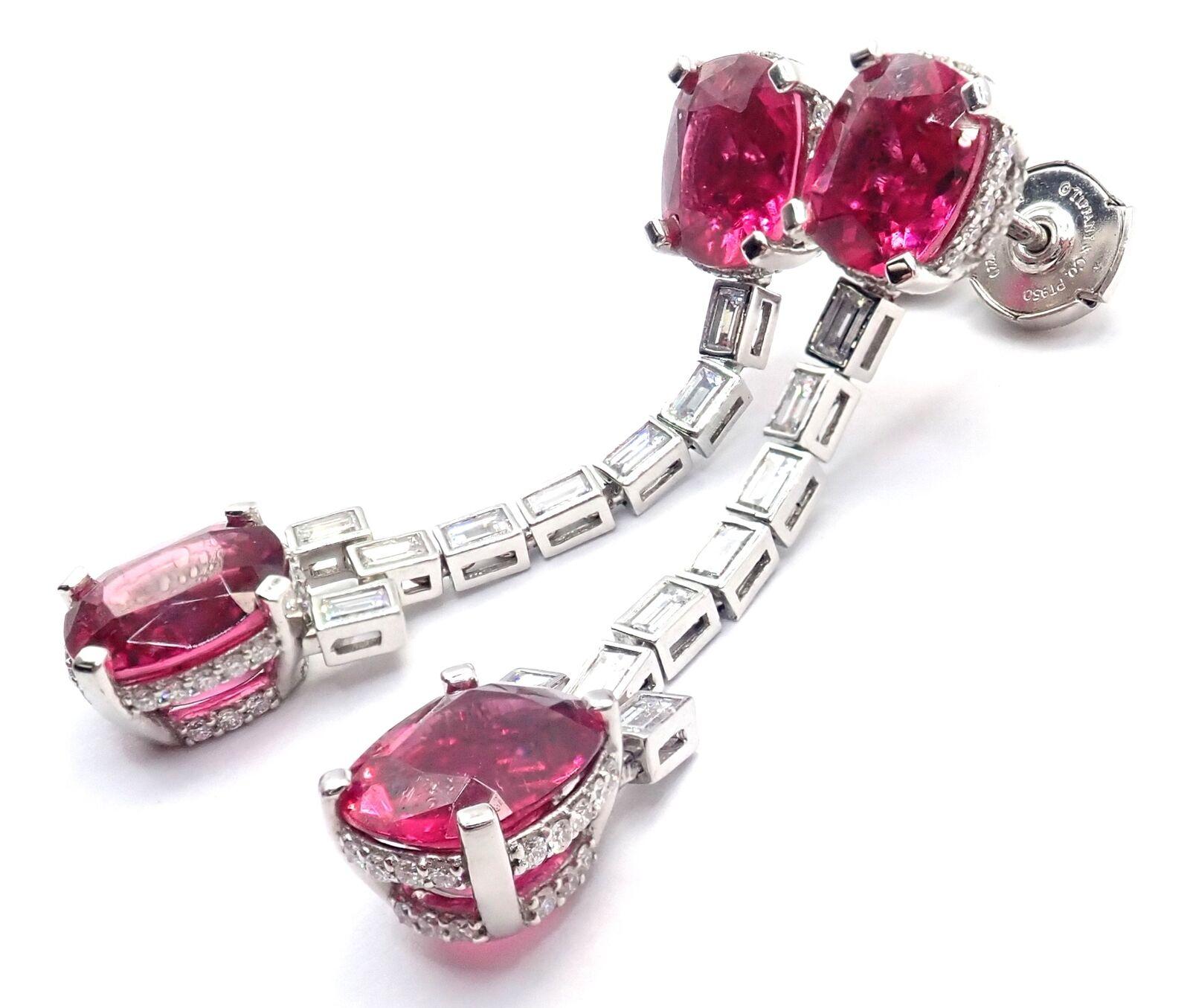 Tiffany & Co Diamond Rubellite Platinum Drop Earrings In Excellent Condition In Holland, PA