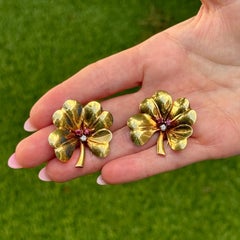 Tiffany & Co. Diamond Ruby 14 Karat Yellow Gold Clover Brooch Set of 2