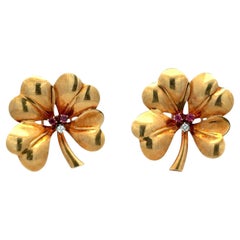 Vintage Tiffany & Co. Diamond Ruby 14 Karat Yellow Gold Clover Brooch Set of 2