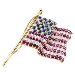Tiffany & Co. Amerikanische Flaggenbrosche, Diamant Rubin Saphir 18k Gelbgold