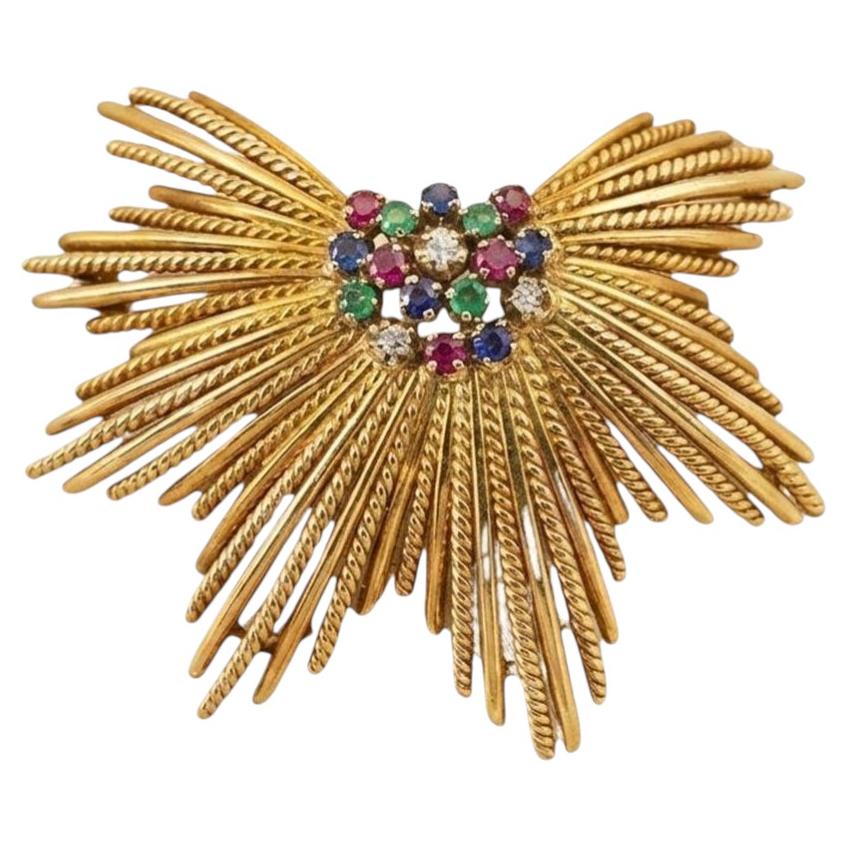 Tiffany & Co. Diamond Ruby Sapphire Emerald 18K Yellow Gold Brooch