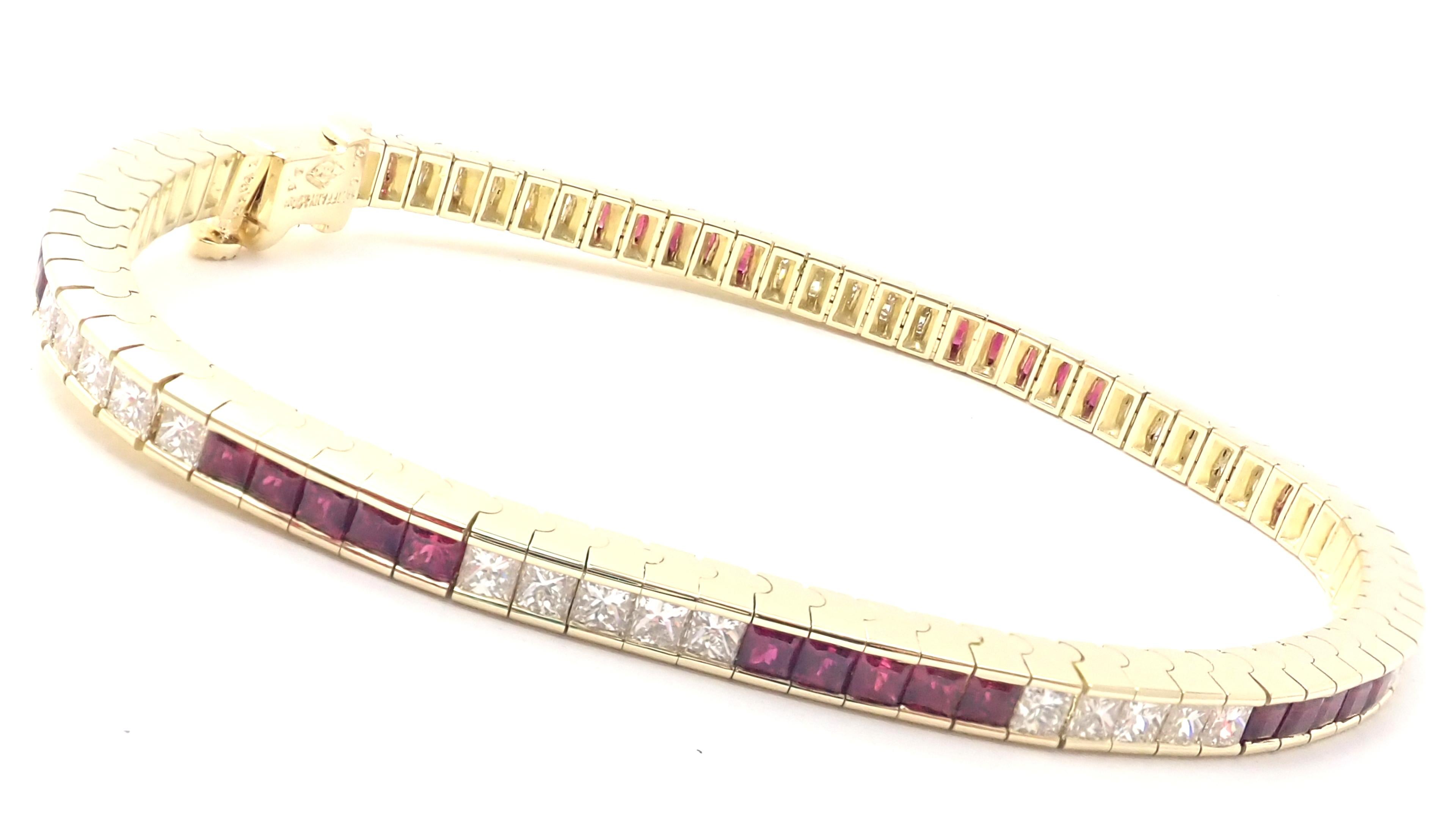 18k Yellow Gold Diamond And Ruby Line Tennis Bracelet by Tiffany & Co.
With 40 quadrillion cut diamonds VS1 clarity, G color total weight 2.85ct
40 square cut rubies total weight approximately 3.66ct
Details: 
Length: 7