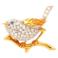 Tiffany & Co. Diamond Sapphire 18 Karat Gold Bird Brooch