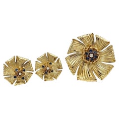 Tiffany & Co. Diamond Sapphire Dogwood Flower Brooch Earrings Set 14K Gold