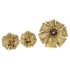 Tiffany & Co. Diamond Sapphire Dogwood Flower Brooch Earrings Set 14K Gold