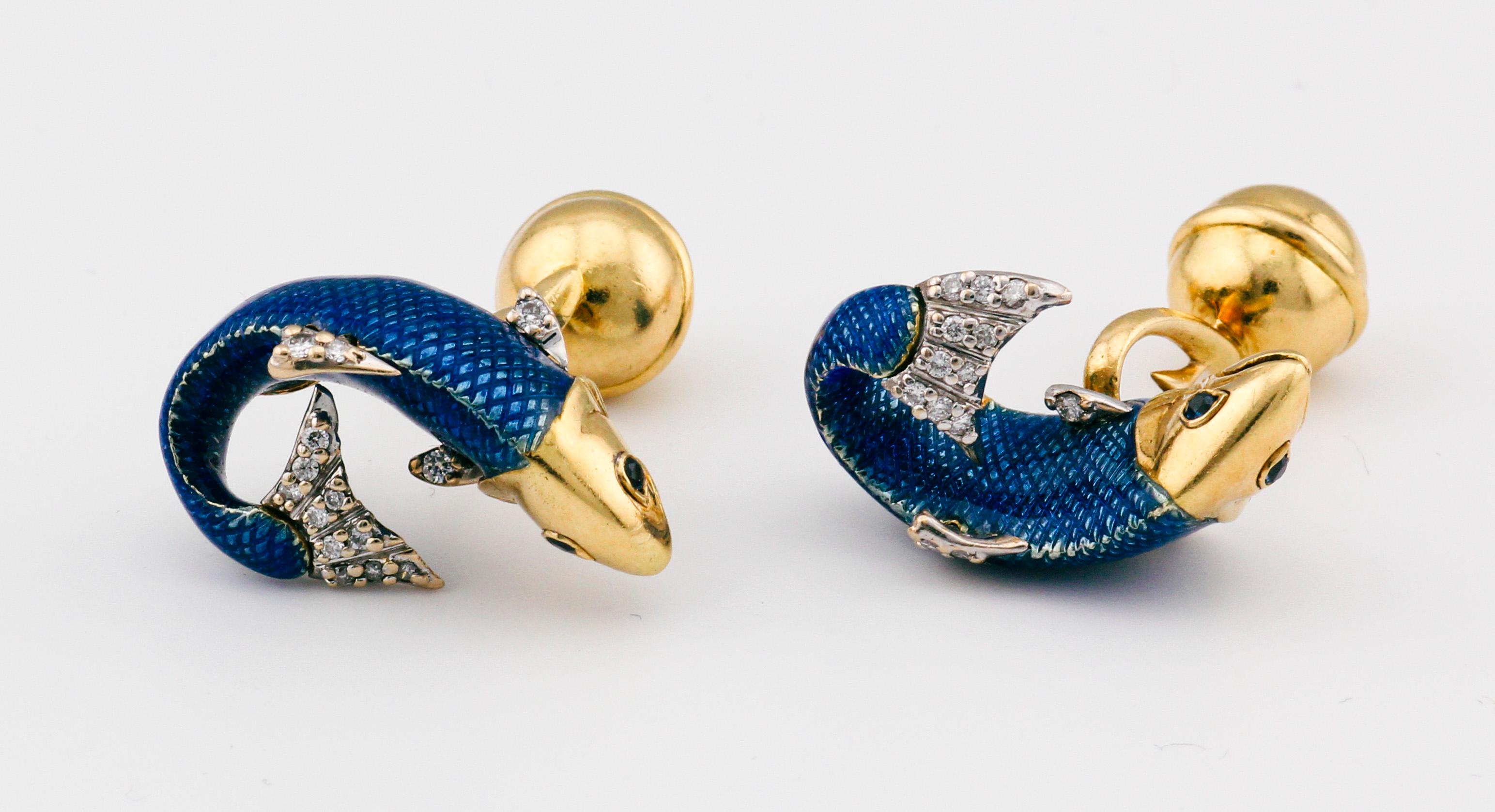 Contemporary Tiffany & Co. Diamond Sapphire Enamel Platinum 18k Gold Fish Cufflinks For Sale