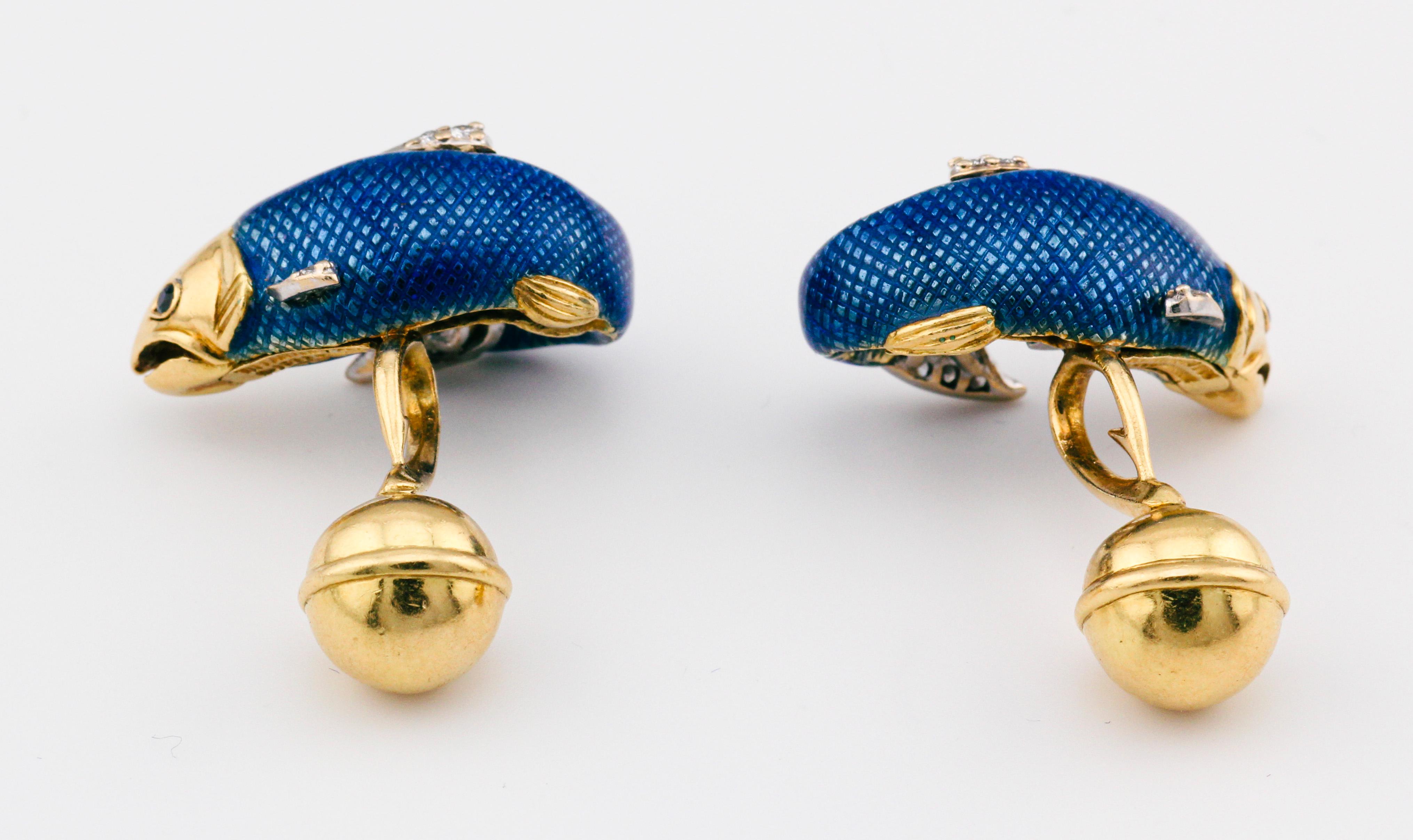 Tiffany & Co. Diamond Sapphire Enamel Platinum 18k Gold Fish Cufflinks In Good Condition For Sale In New York, NY