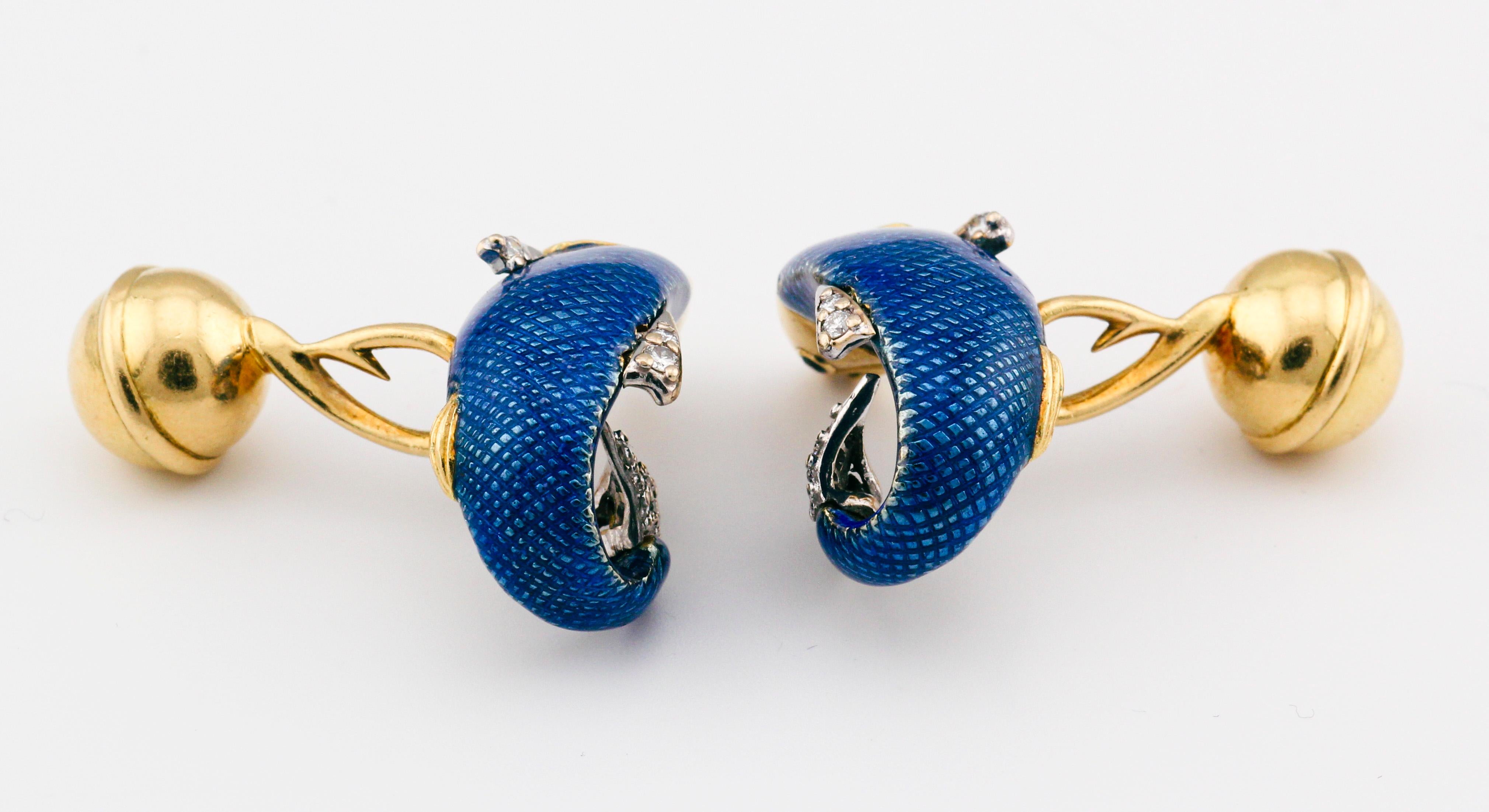 Men's Tiffany & Co. Diamond Sapphire Enamel Platinum 18k Gold Fish Cufflinks For Sale
