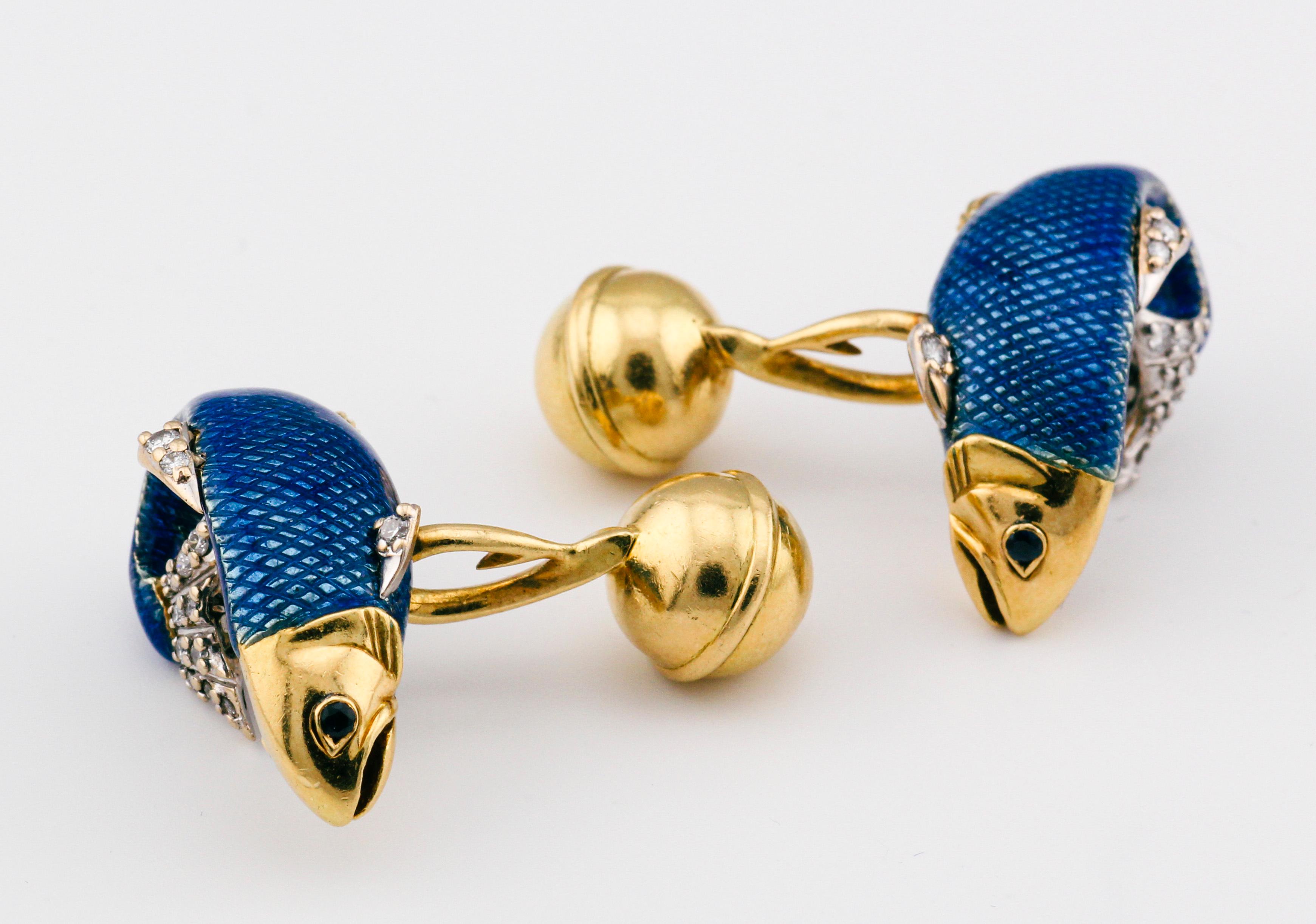 Tiffany & Co. Diamond Sapphire Enamel Platinum 18k Gold Fish Cufflinks For Sale 1