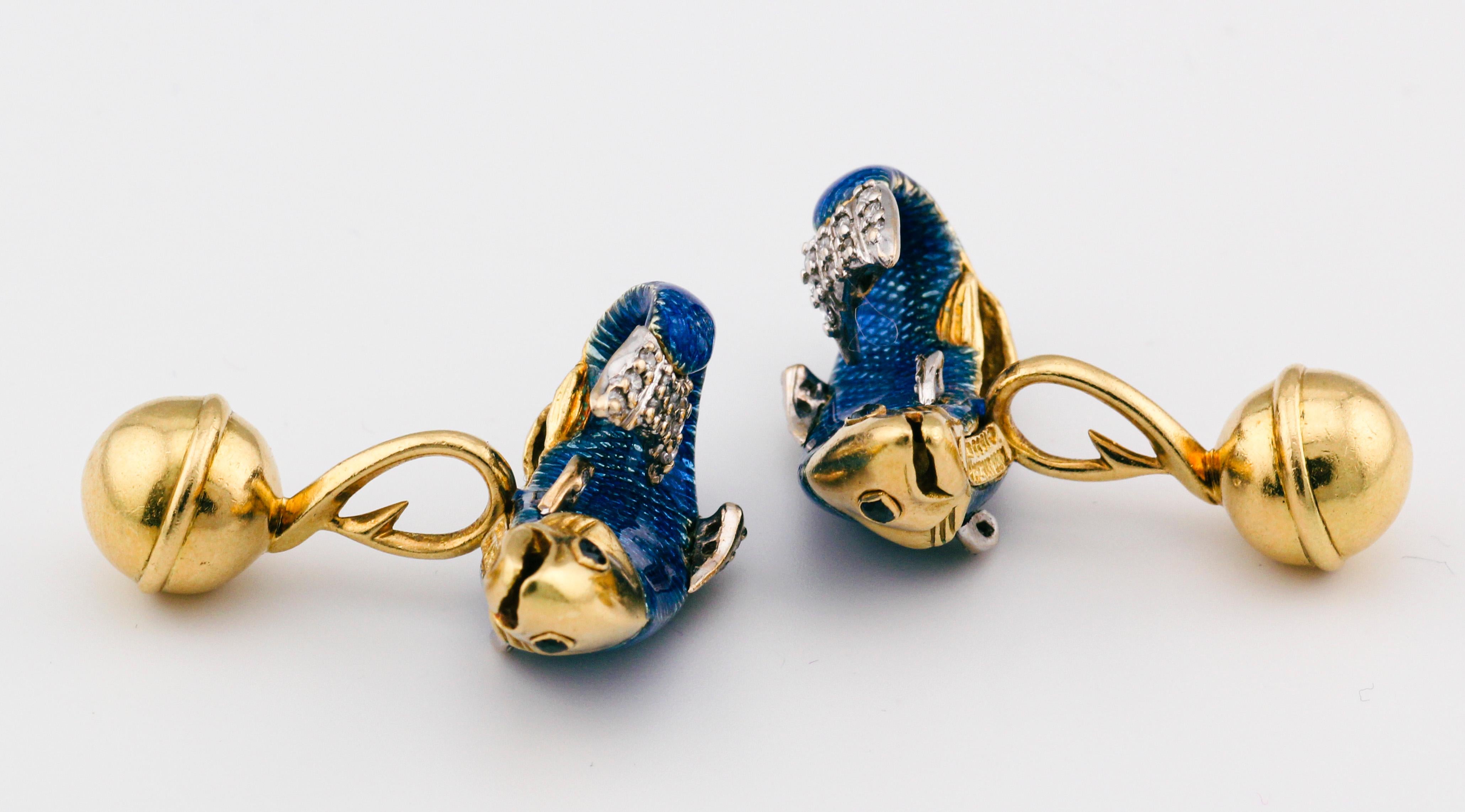 Tiffany & Co. Diamond Sapphire Enamel Platinum 18k Gold Fish Cufflinks For Sale 2