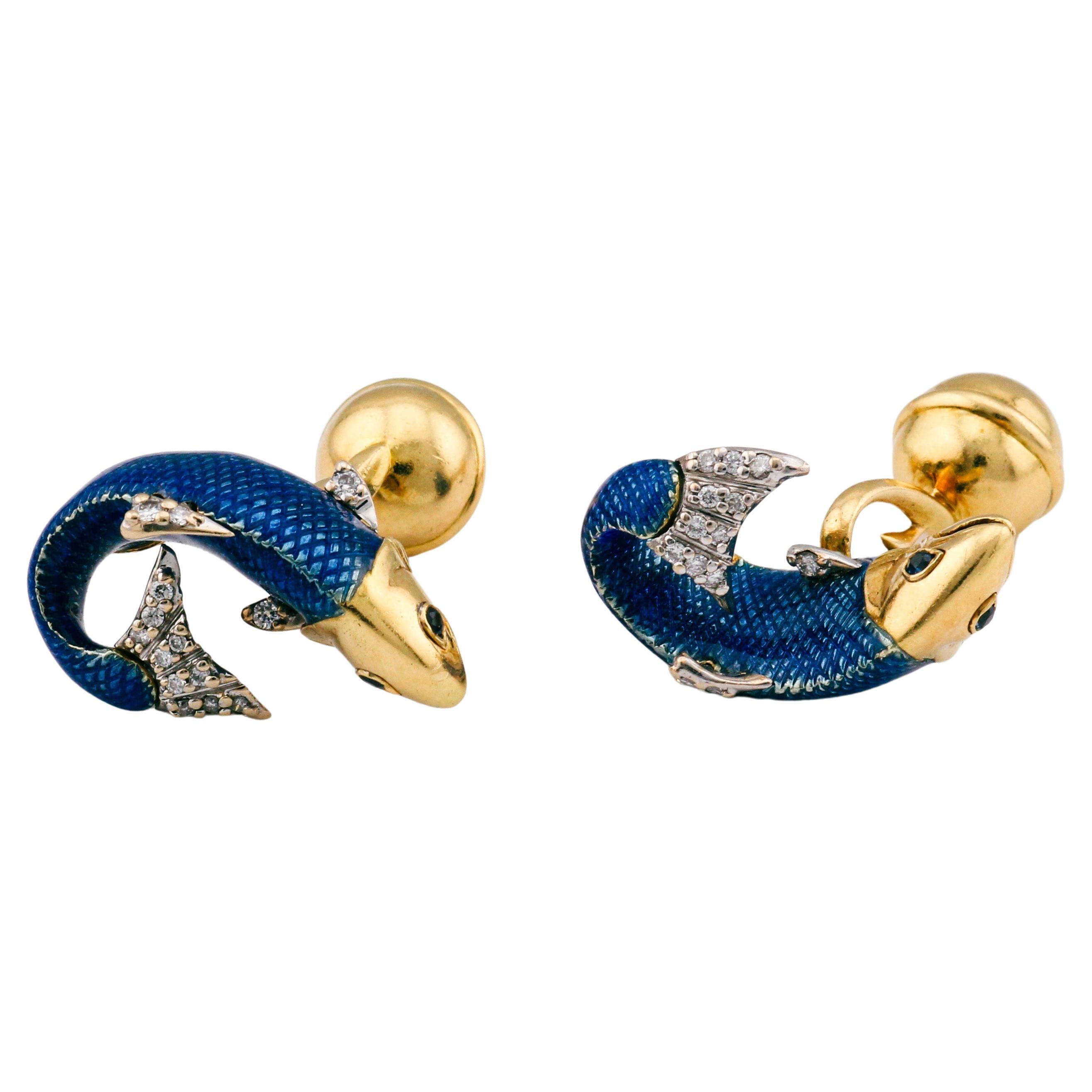 Tiffany & Co. Diamant-Saphir-Emaille Platin 18k Gold Fisch Manschettenknöpfe im Angebot