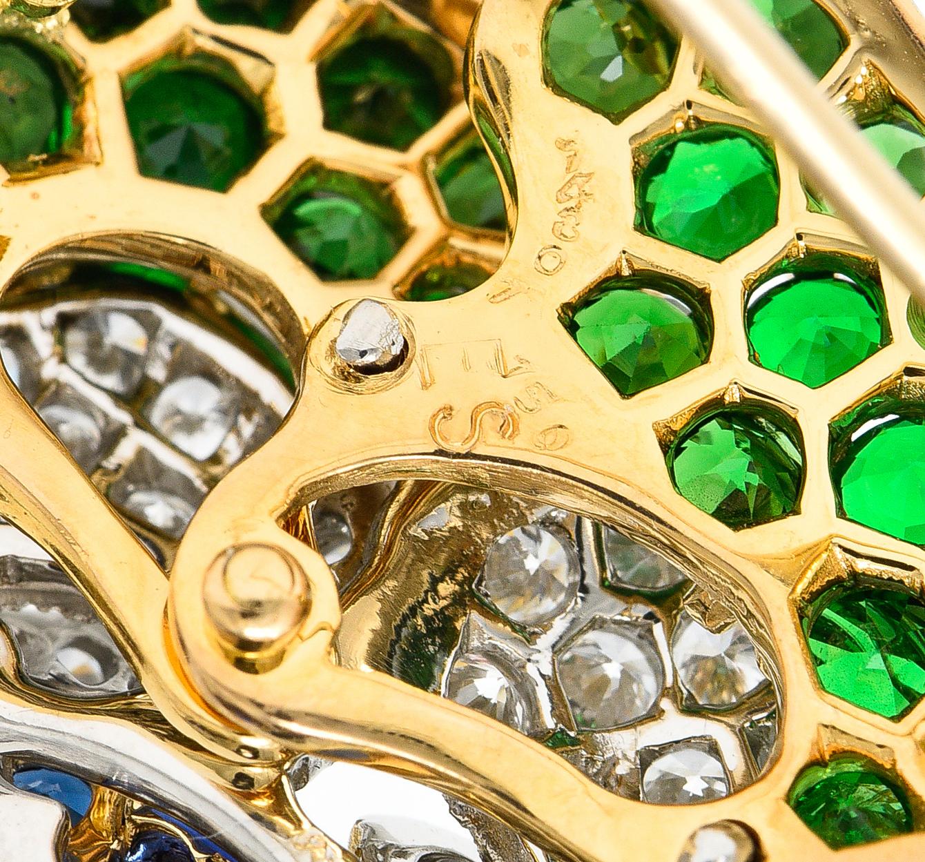 Tiffany & Co. Diamond Sapphire Garnet Platinum 18 Karat Yellow Gold Pansy Brooch For Sale 3