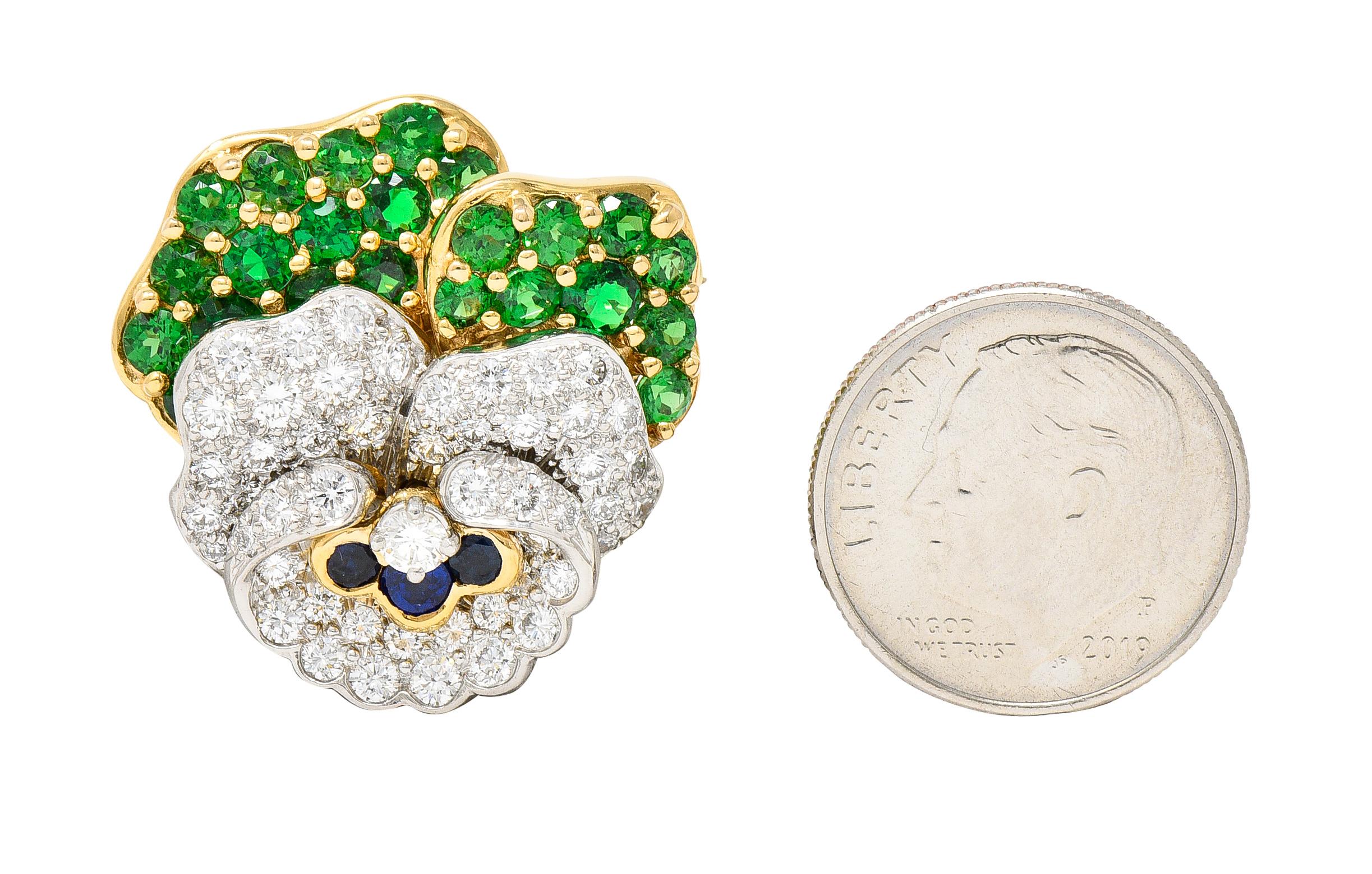 Tiffany & Co. Diamant Saphir Granat Platin 18 Karat Gelbgold Stiefmütterchen Brosche im Angebot 4