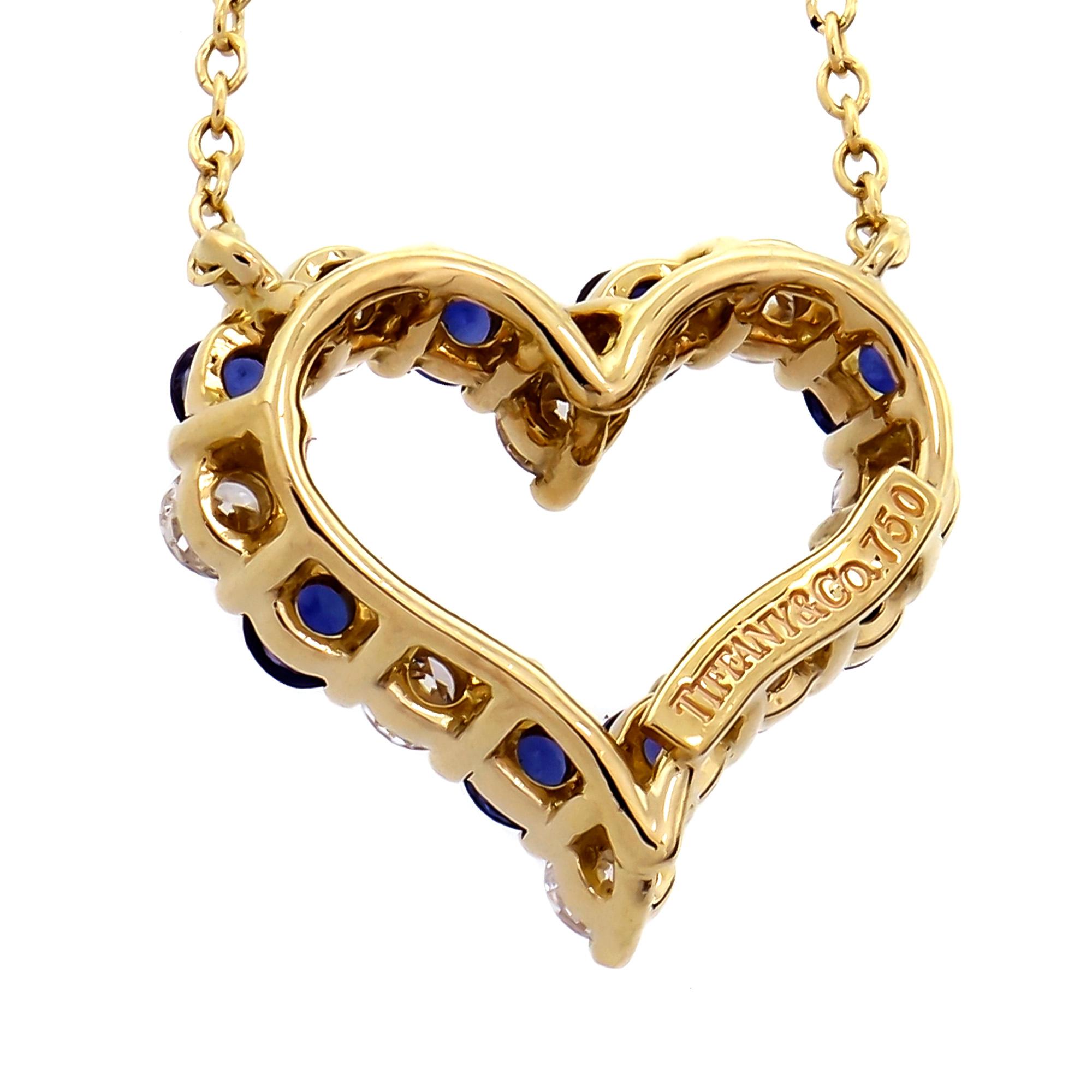 Round Cut Tiffany & Co. Diamond Sapphire Open Heart Gold Pendant Necklace