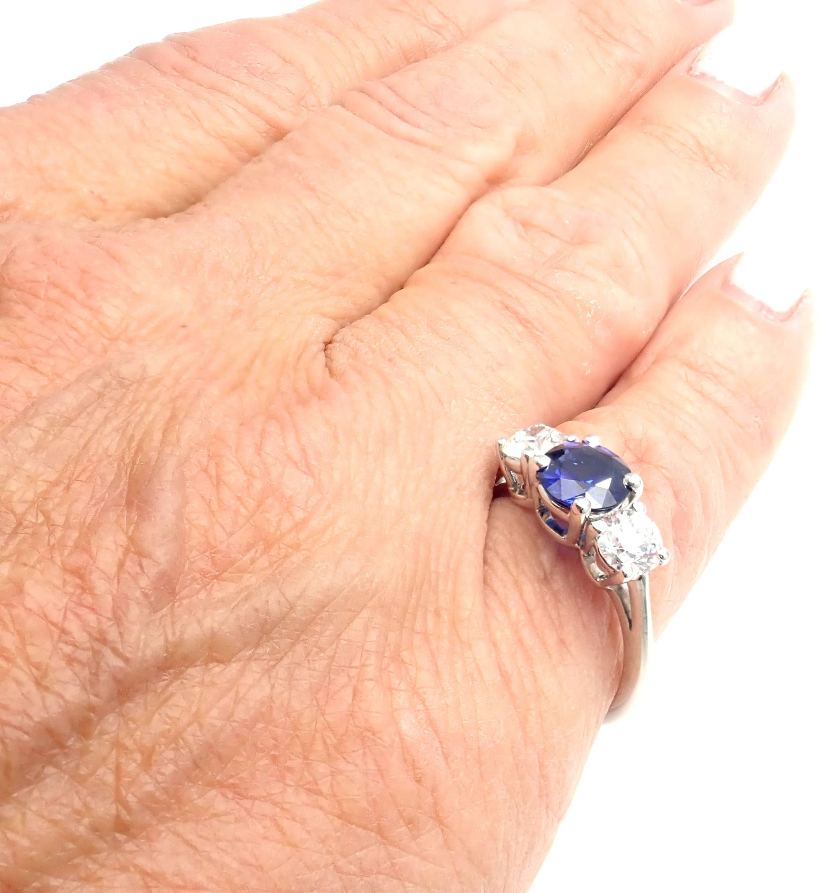 Tiffany & Co. Diamond Sapphire Three Stone Platinum Band Ring 6