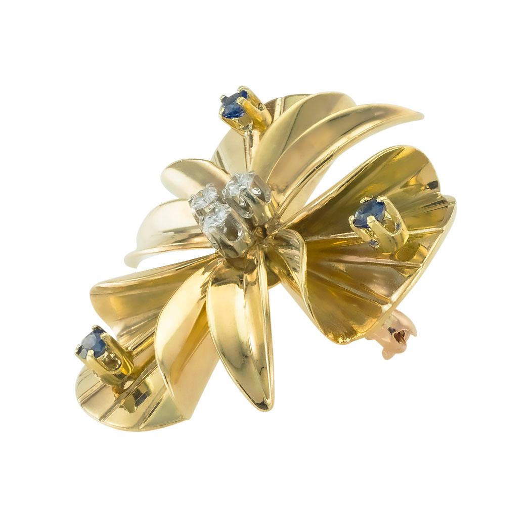 Moderniste Tiffany & Co. Broche orchidée en or jaune, diamants et saphirs en vente