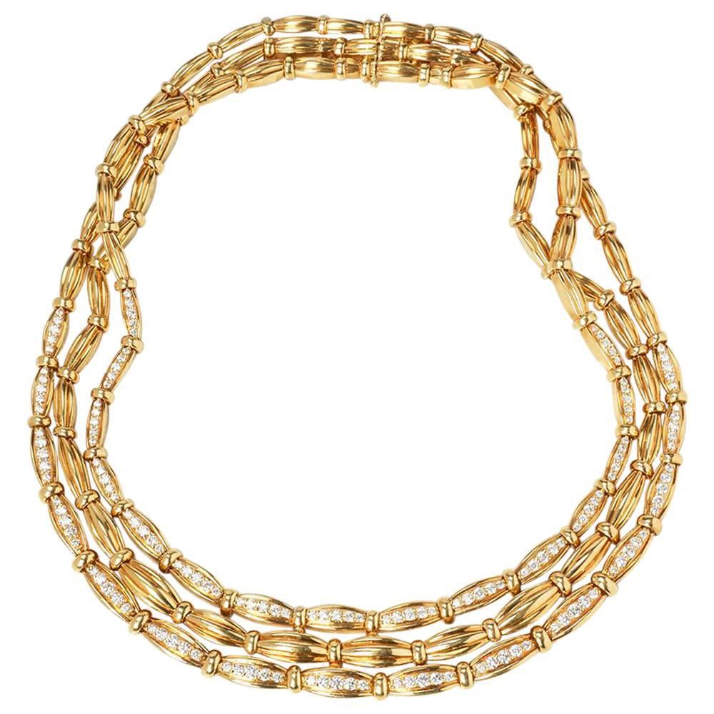 Tiffany & Co. Diamond Set 18ct Yellow Gold Vintage Three Strand Necklace For Sale