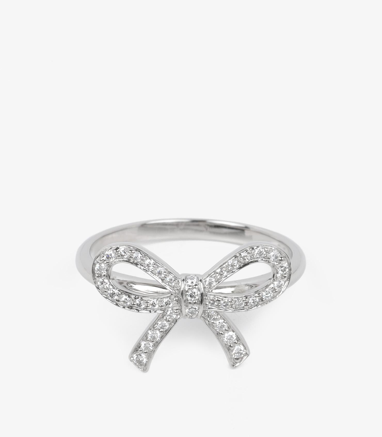 Brilliant Cut Tiffany & Co. Diamond Set Platinum Bow Ring For Sale