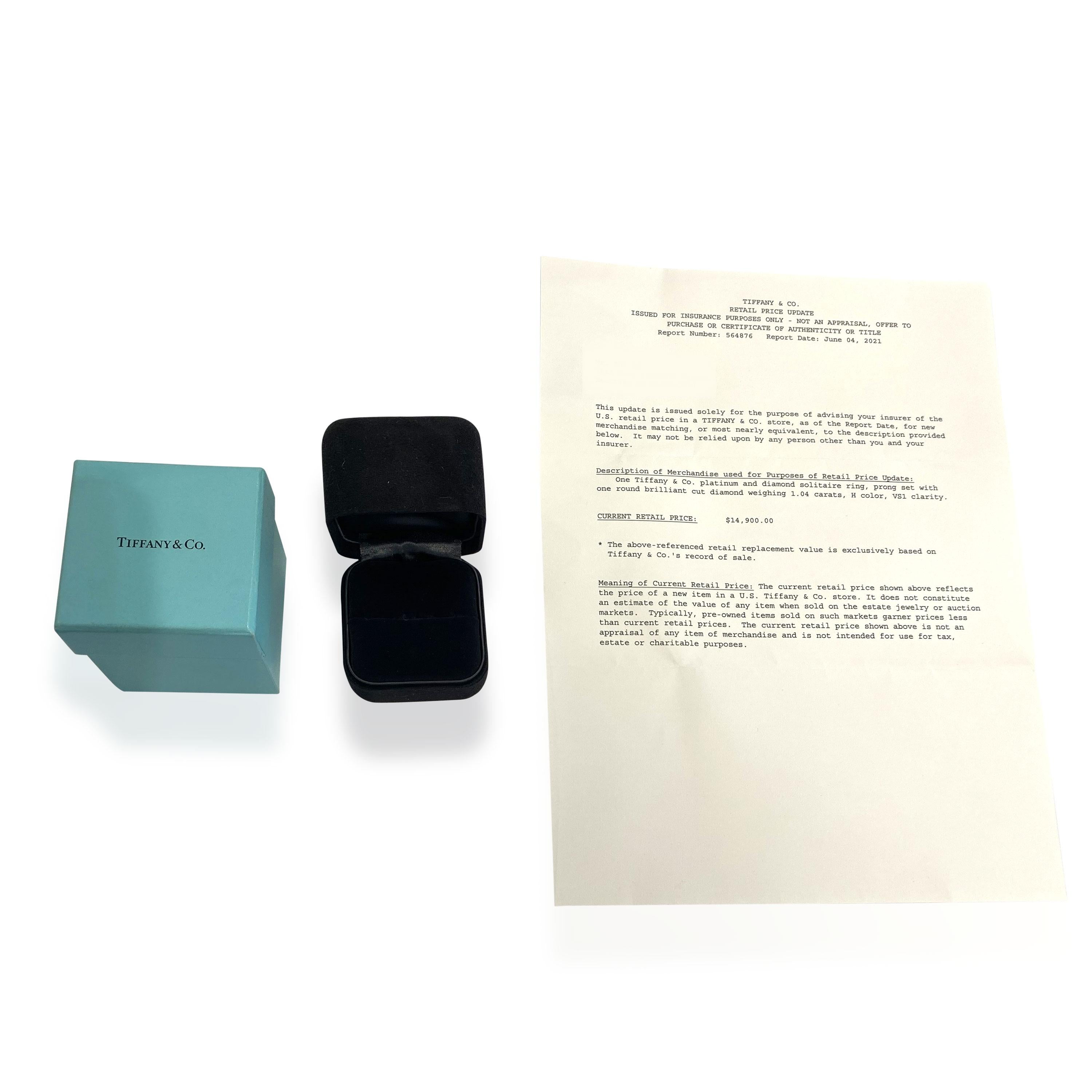 Women's Tiffany & Co. Diamond Solitaire Engagement Ring in Platinum H VS1 1.04 CTW For Sale