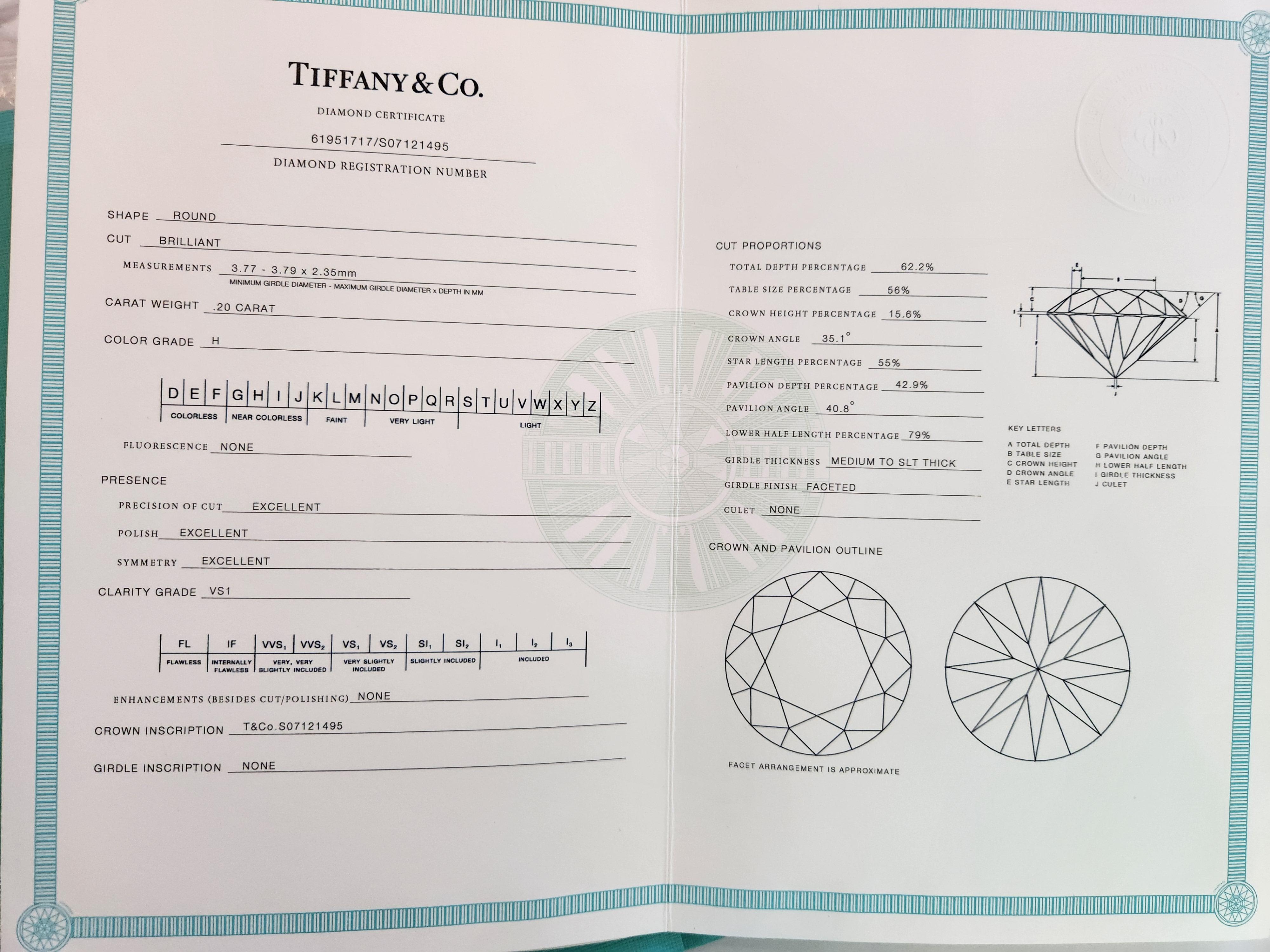 Brilliant Cut Tiffany & Co. Diamond Solitaire Engagement Ring Platinum .20ct H/Vs1 For Sale