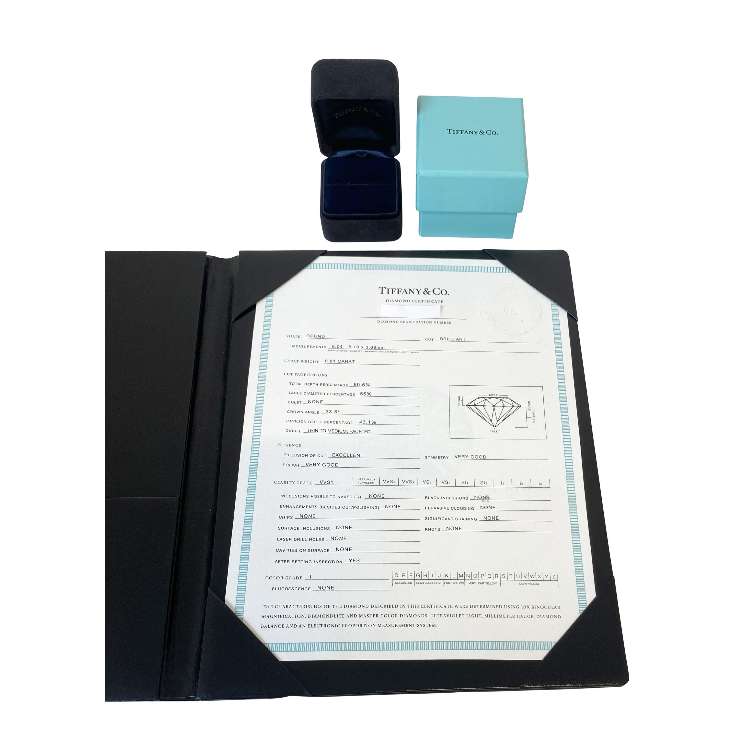 Women's Tiffany & Co. Diamond Solitaire Engagement Ring Platinum I VVS1 0.81 CTW