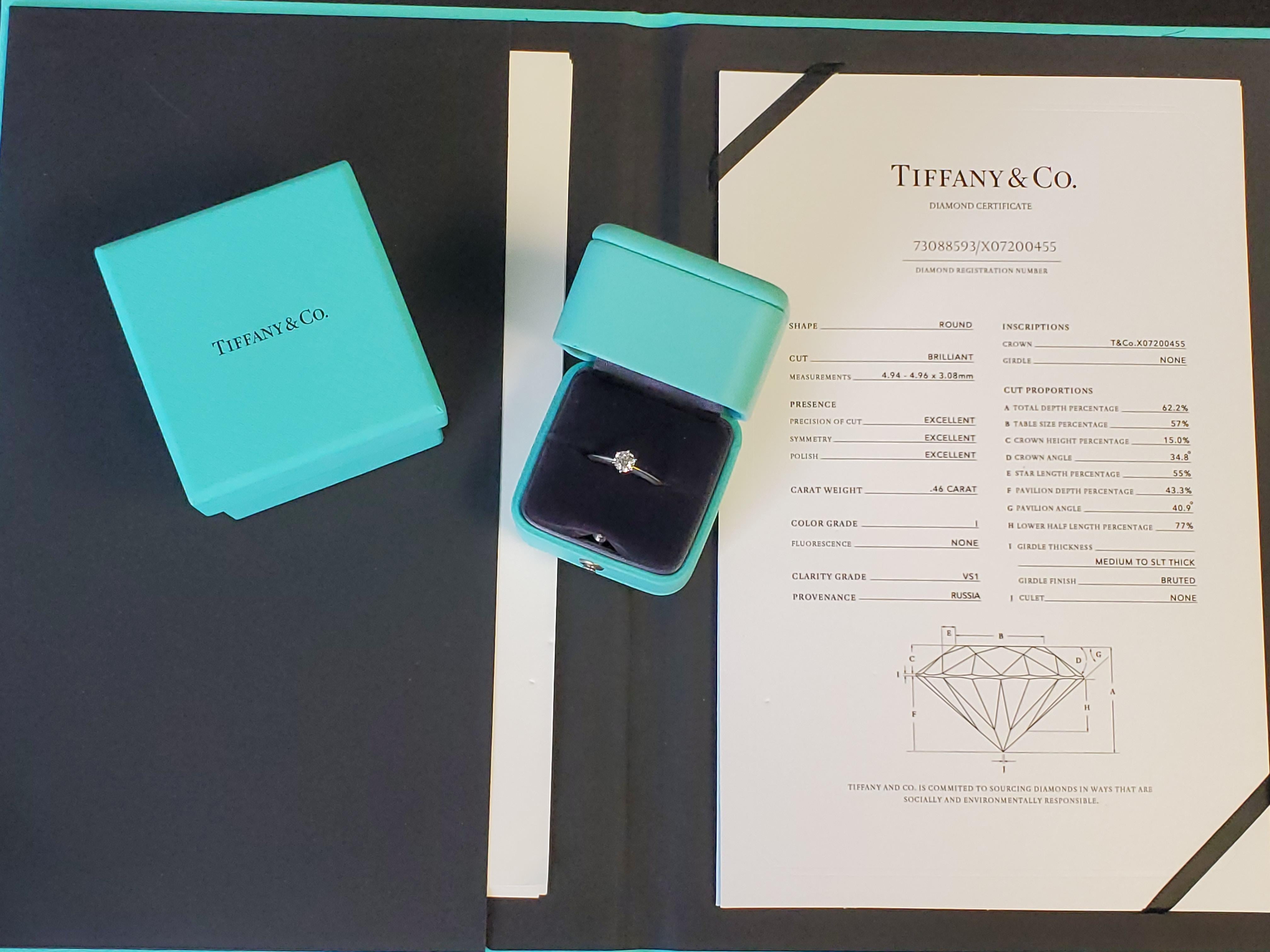 Tiffany & Co. Diamond Solitaire Platinum Engagement Ring .46ct VS1 Round For Sale