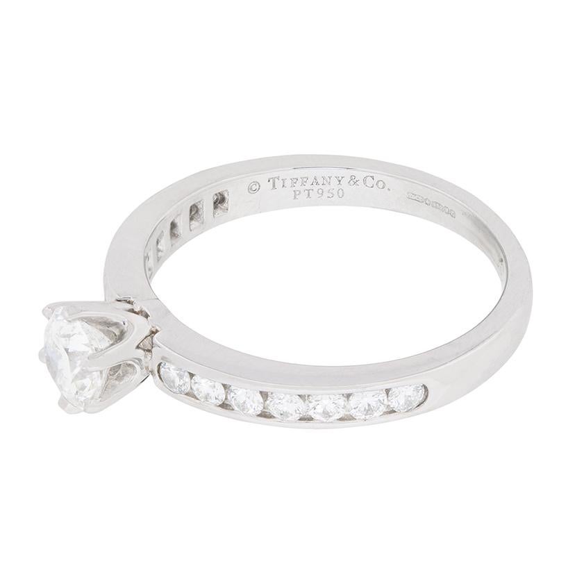 Brilliant Cut Tiffany & Co. Diamond Solitaire with Diamond Shoulders Ring For Sale