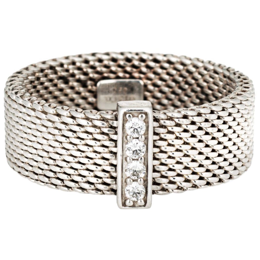 Tiffany & Co Somerset-Ring aus Sterlingsilber mit Diamanten in Mesh-Ring Gr. 6,5, Nachlass von Tiffany & Co