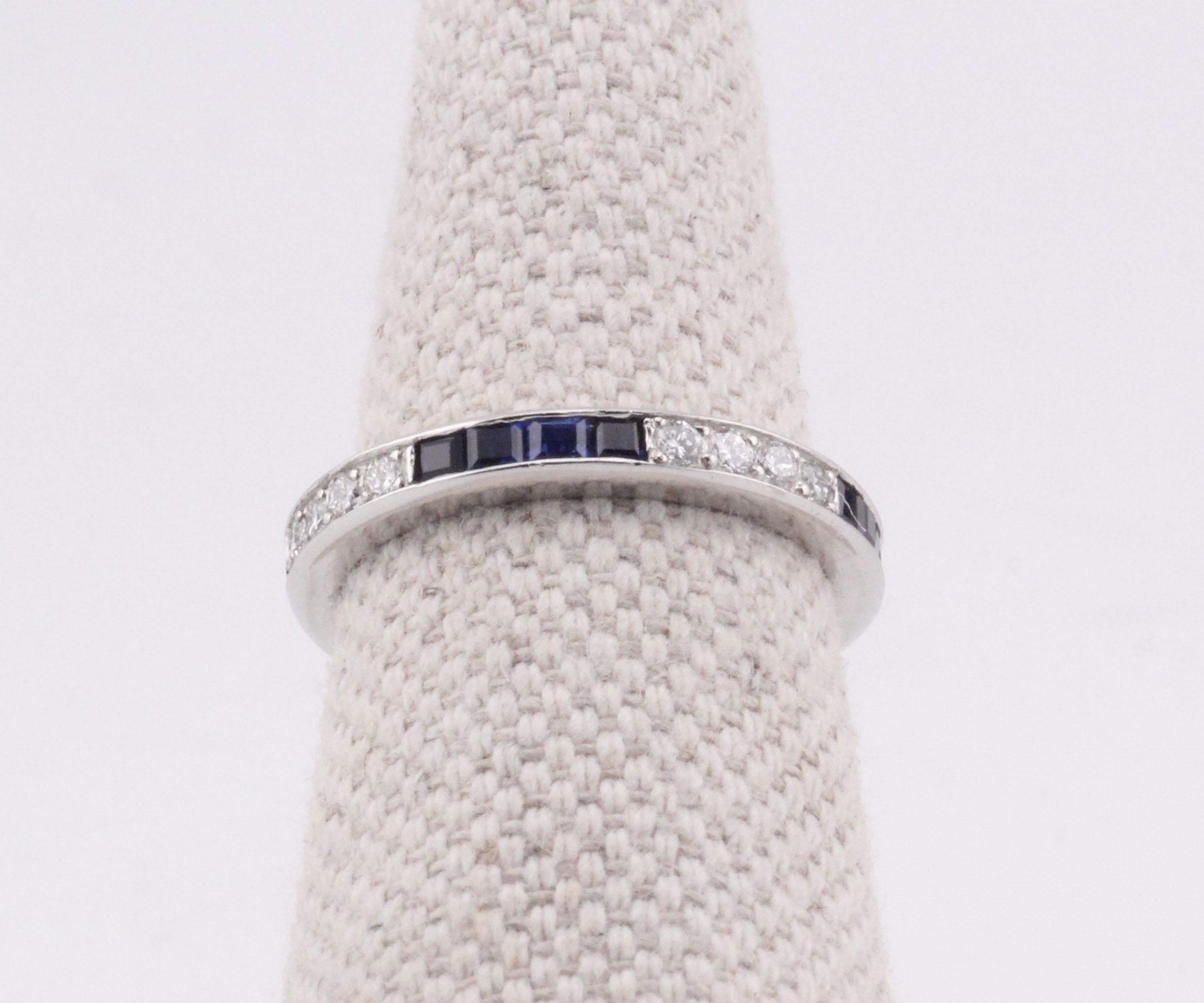 The Tiffany & Co. Vintage Diamond Square Sapphire Platinum Eternity Band Ring is a timeless symbol of elegance, combining the allure of vintage design with Tiffany & Co.’s exceptional craftsmanship. This exquisite eternity band is meticulously