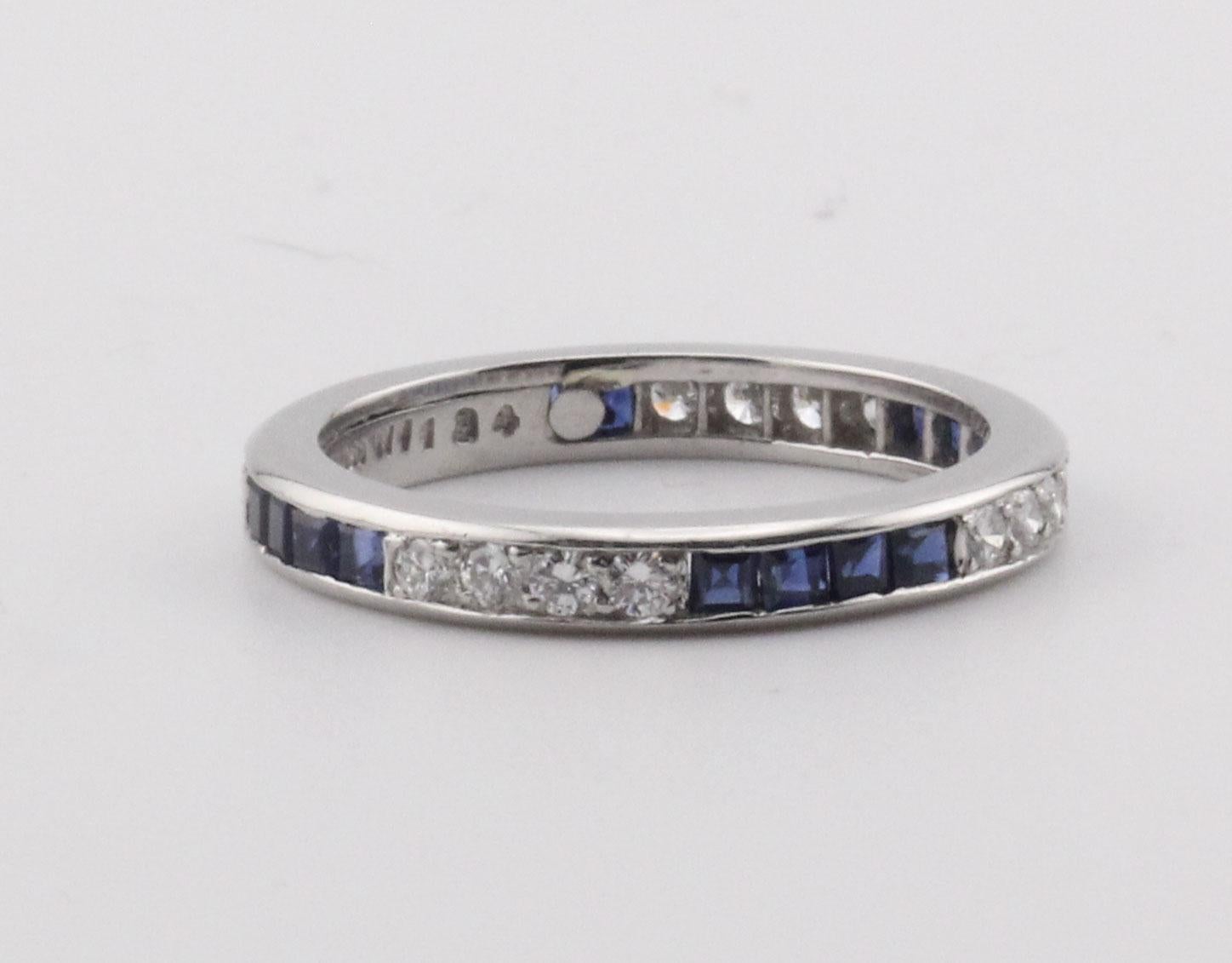 Brilliant Cut Tiffany & Co. Diamond Square Sapphire Platinum Eternity Band Ring Size 4.75 For Sale