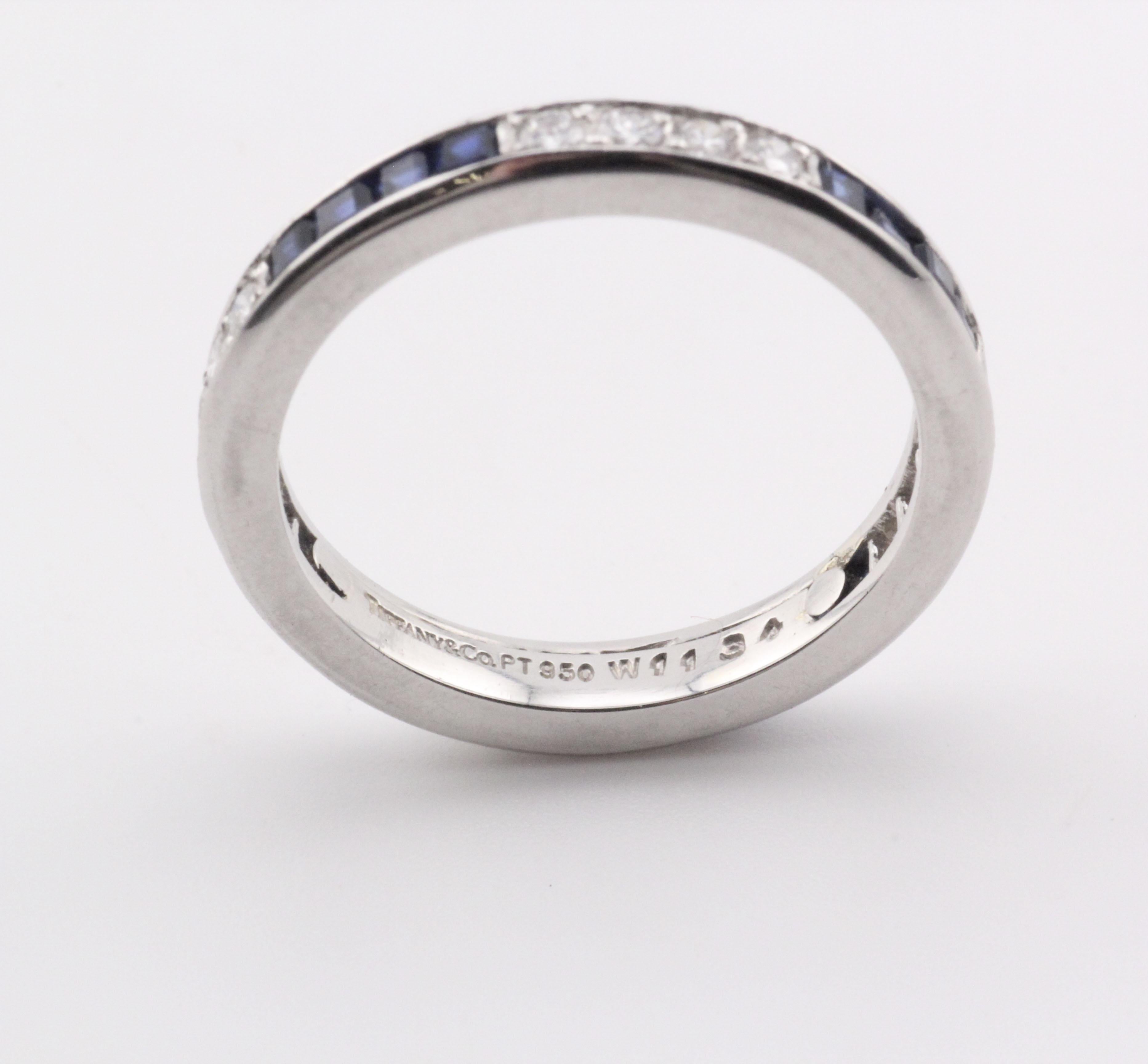 Women's Tiffany & Co. Diamond Square Sapphire Platinum Eternity Band Ring Size 4.75 For Sale