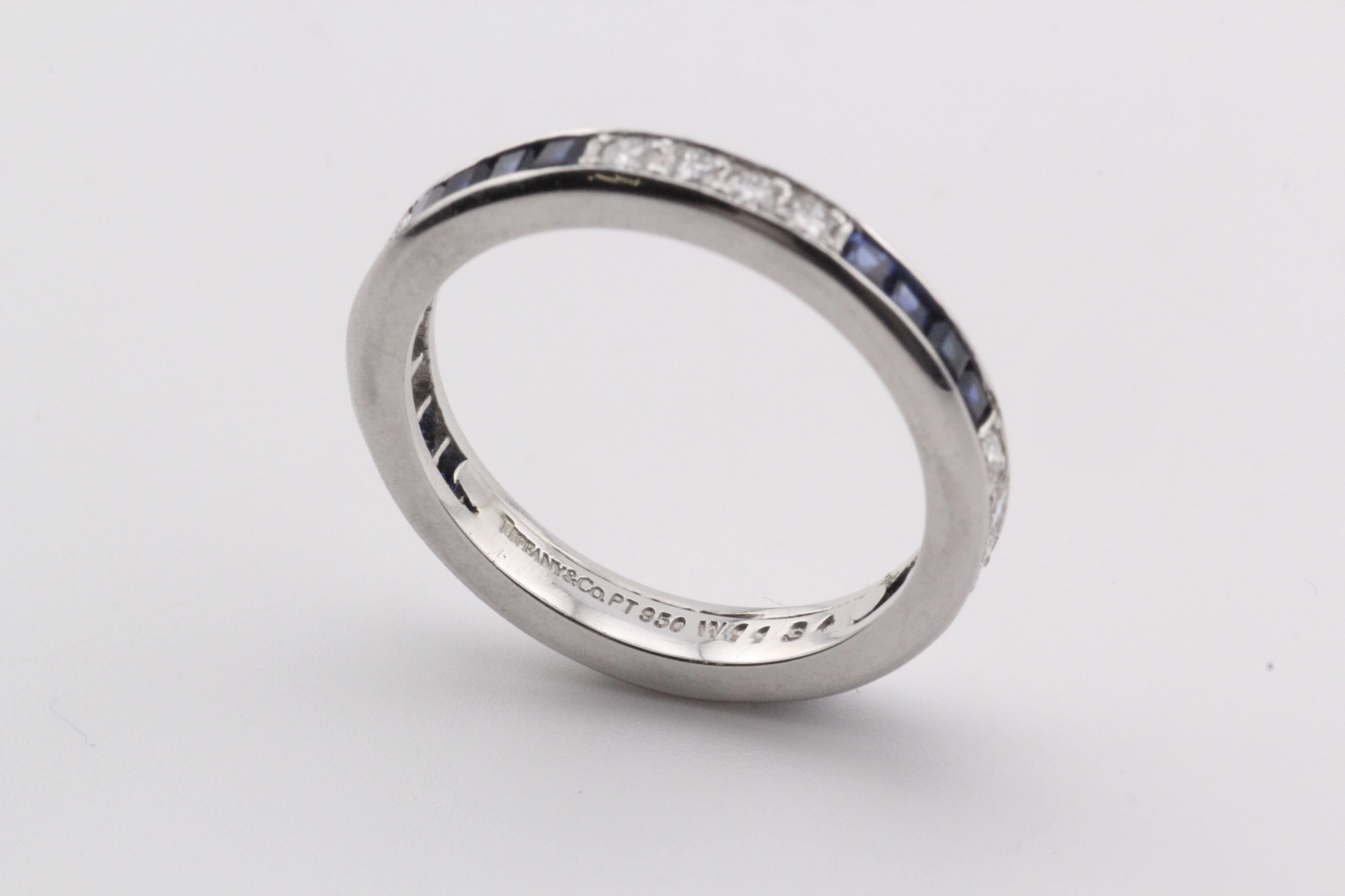 Tiffany & Co. Diamond Square Sapphire Platinum Eternity Band Ring Size 4.75 For Sale 1