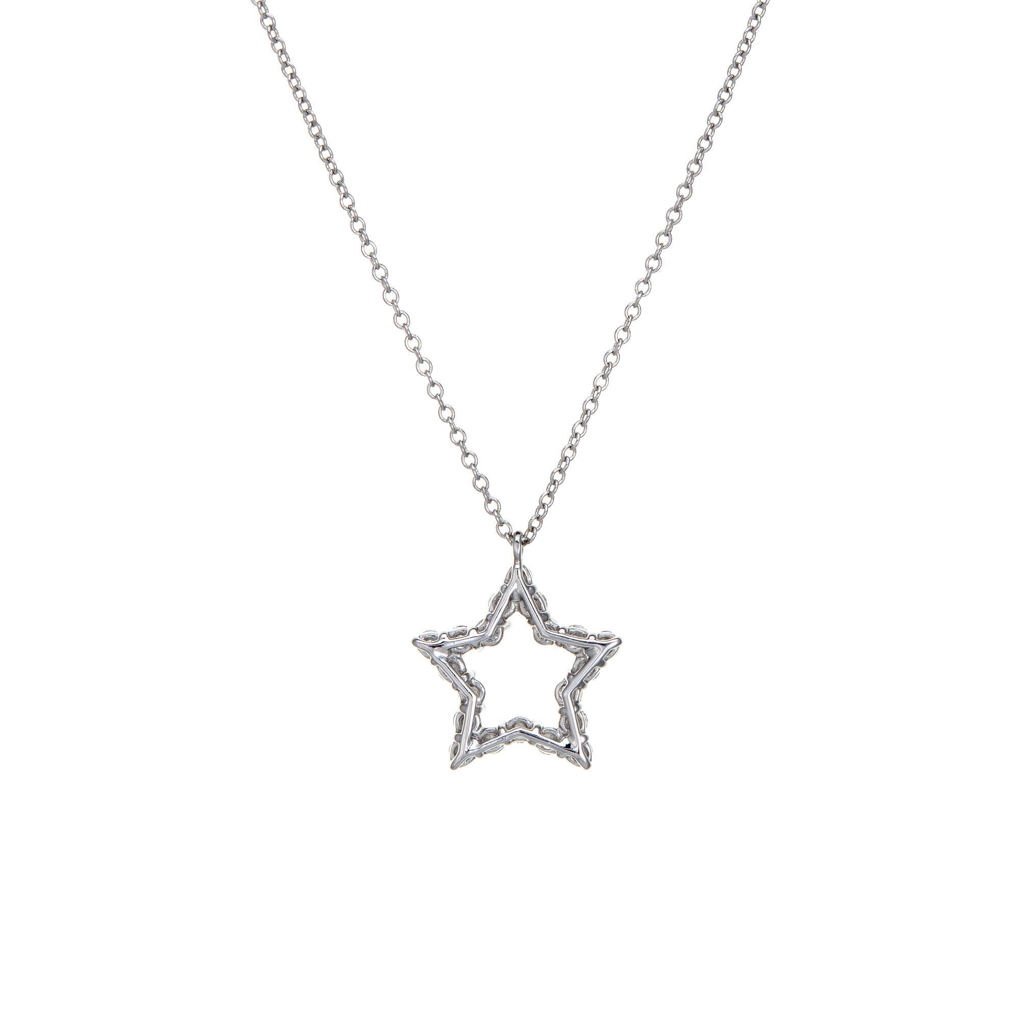 Stylish and finely detailed pre-owned Tiffany & Co diamond star necklace crafted in 950 platinum.  

Diamonds total an estimated 0.20 carats (estimated at G-H color and VS1-2 clarity).

The classic star motif is set with shimmering diamonds.