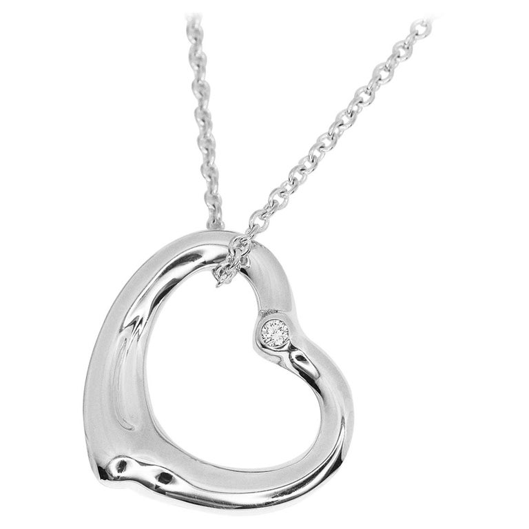 Tiffany and Co. Diamond Sterling 925 Silver Open Heart Pendant Necklace