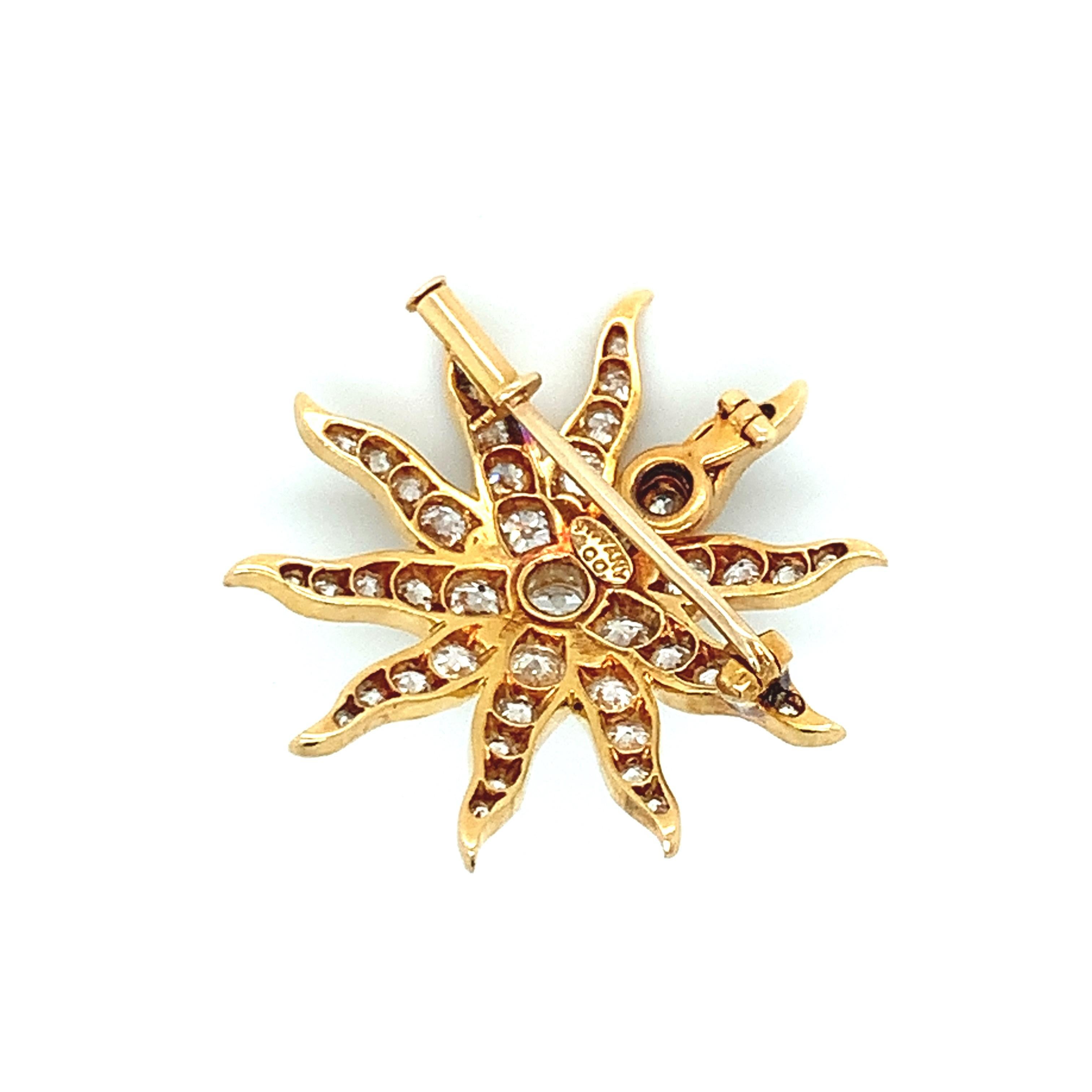 Tiffany & Co. 18 karat yellow gold brooch with a sun motif. It can also be turned into a pendant. Marked: Tiffany & Co. Total weight: 5.4 grams. Width: 2.6 cm. Length: 2.7 cm. 