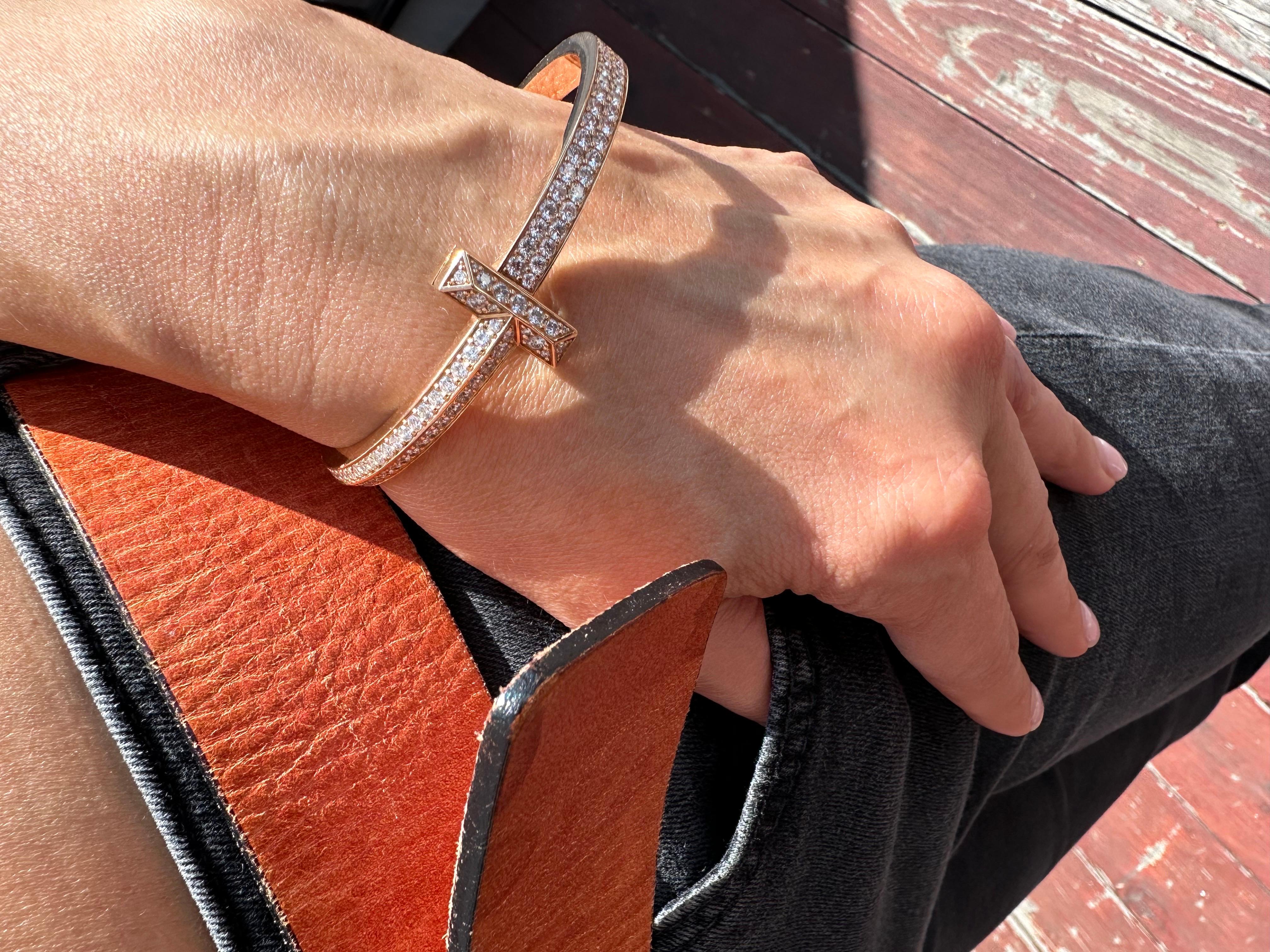 Tiffany & Co Diamond T Bracelet Rose Gold  In Excellent Condition For Sale In Beverly Hills, CA