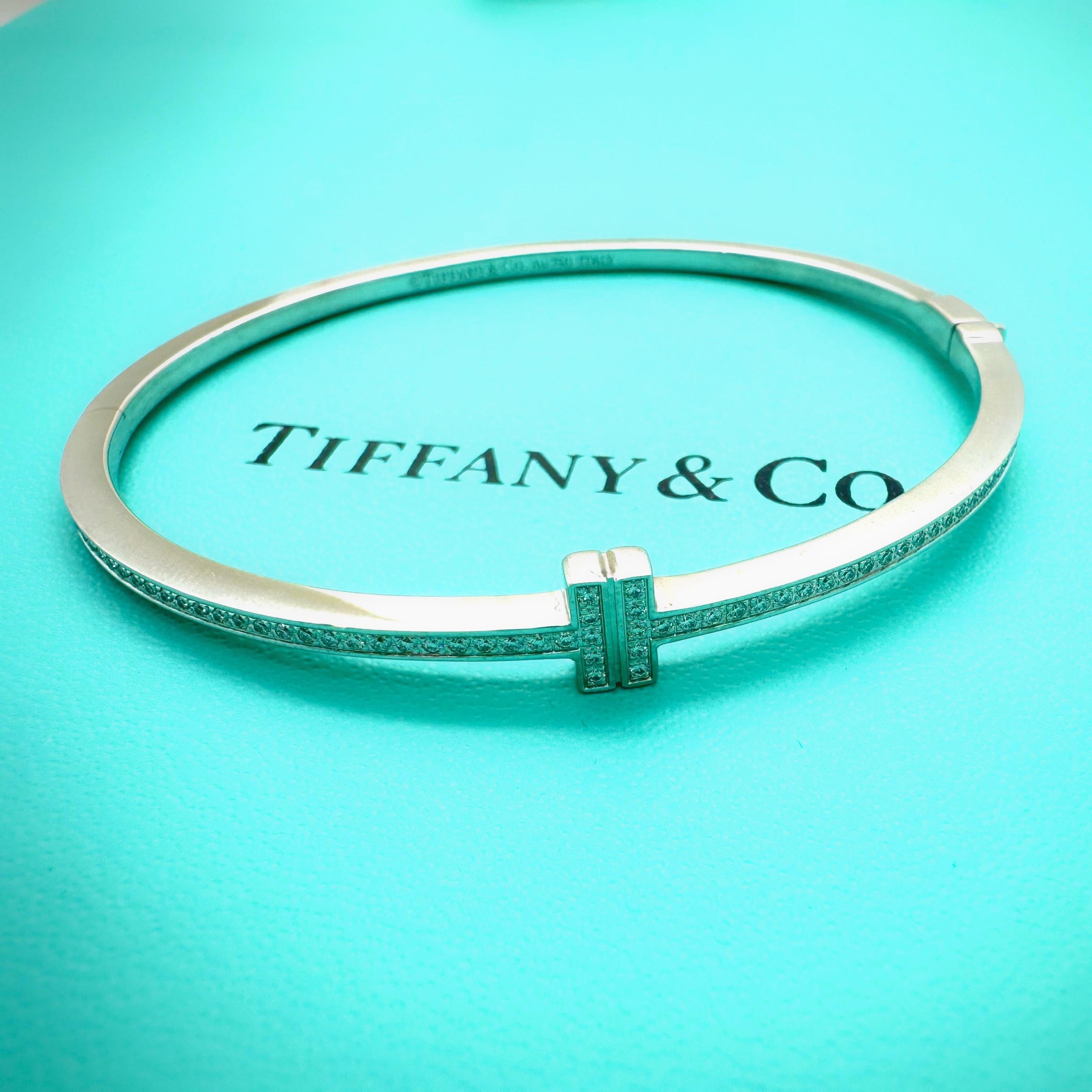 Tiffany & Co. Diamond T Hinged Wire Bangle 18kt White Gold For Sale 5