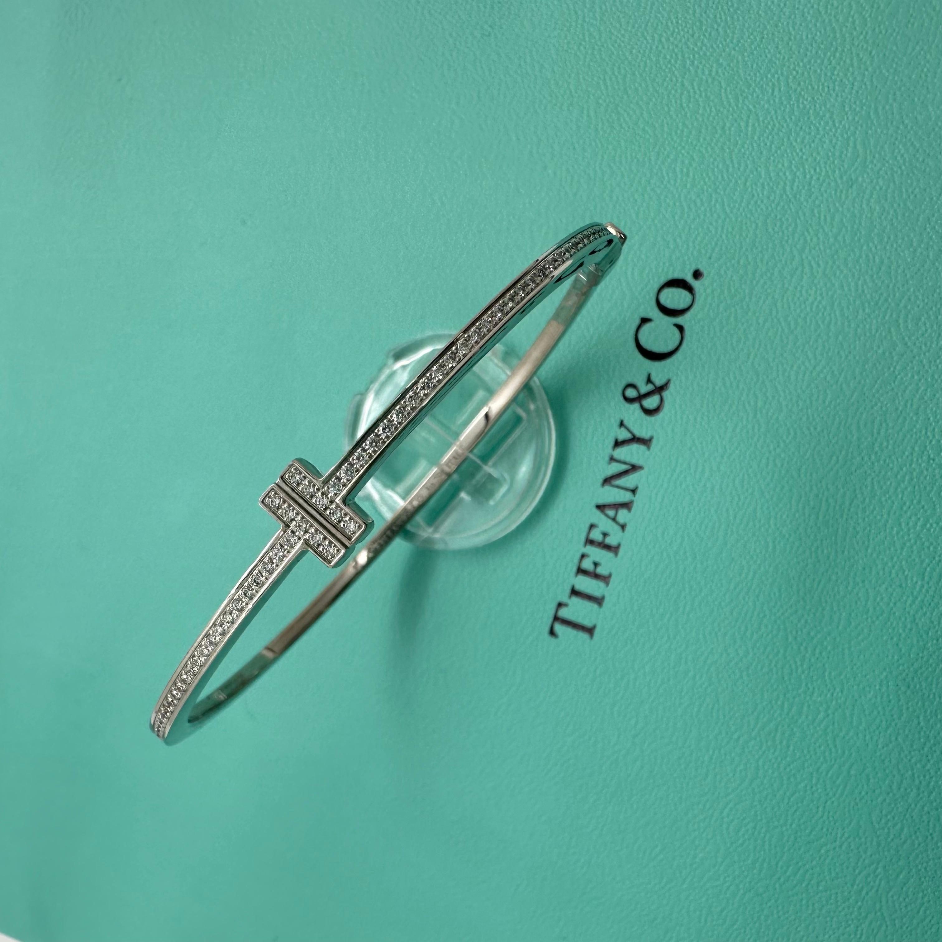 Tiffany & Co. Diamond T Hinged Wire Bangle 18kt White Gold For Sale 11