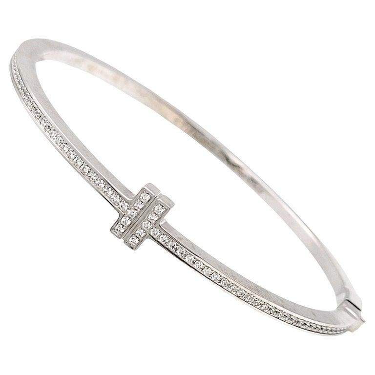 Tiffany & Co. Diamond T Hinged Wire Bangle 18kt White Gold For Sale 11