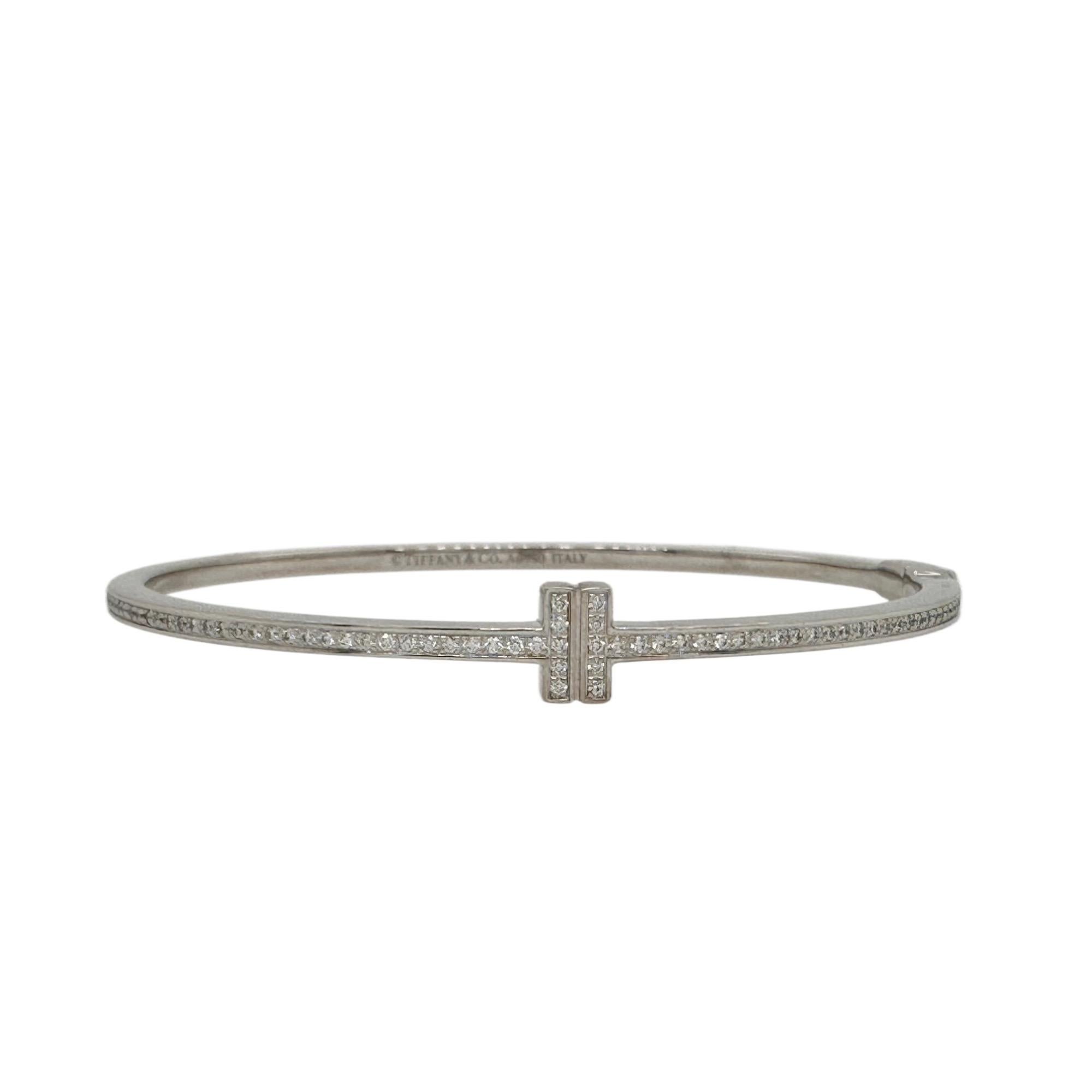 Women's or Men's Tiffany & Co. Diamond T Hinged Wire Bangle 18kt White Gold For Sale